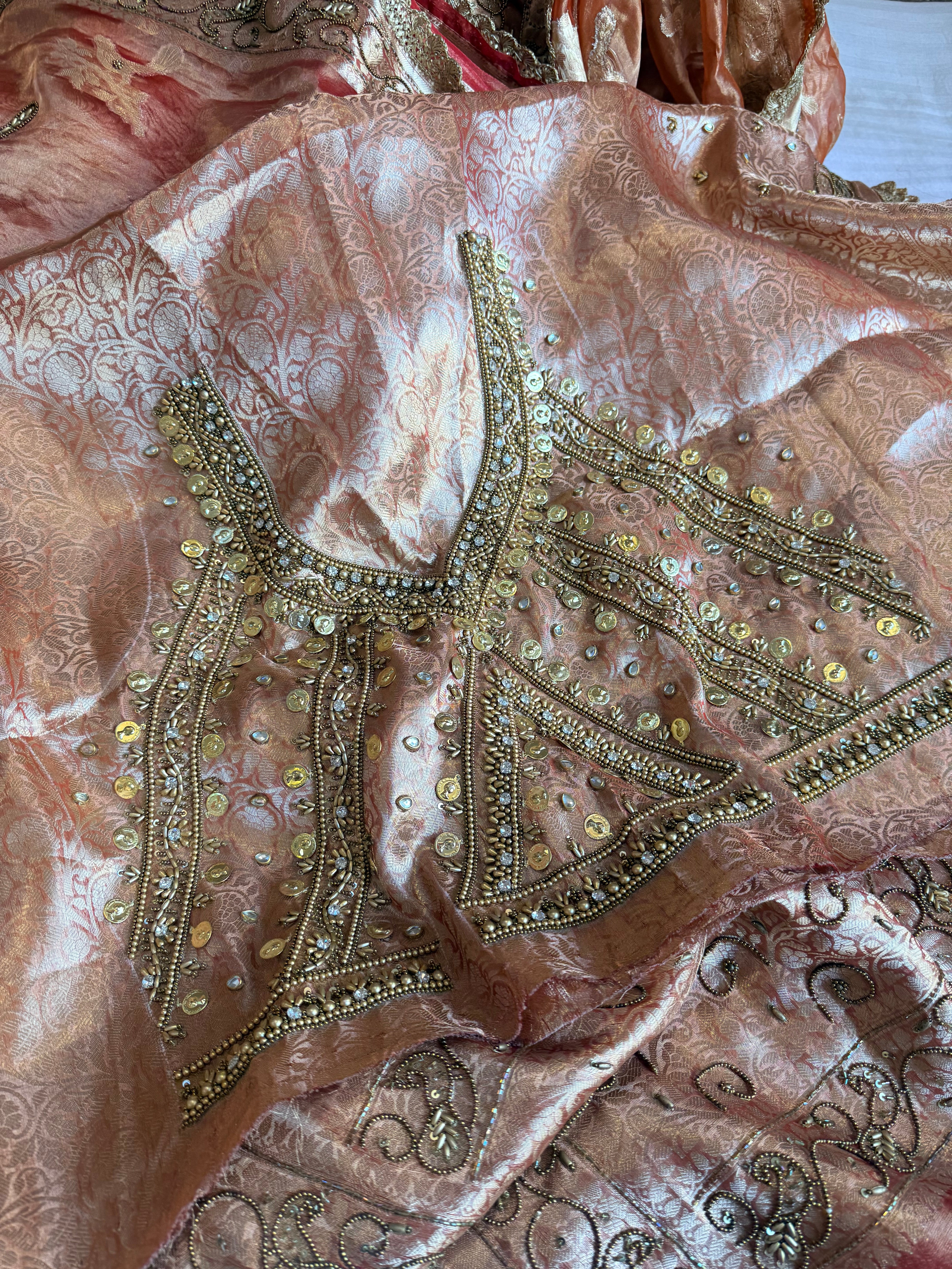Chiraiya wali saree - Sunset red tissue silk figure motif weaving and hand embroidered saree
