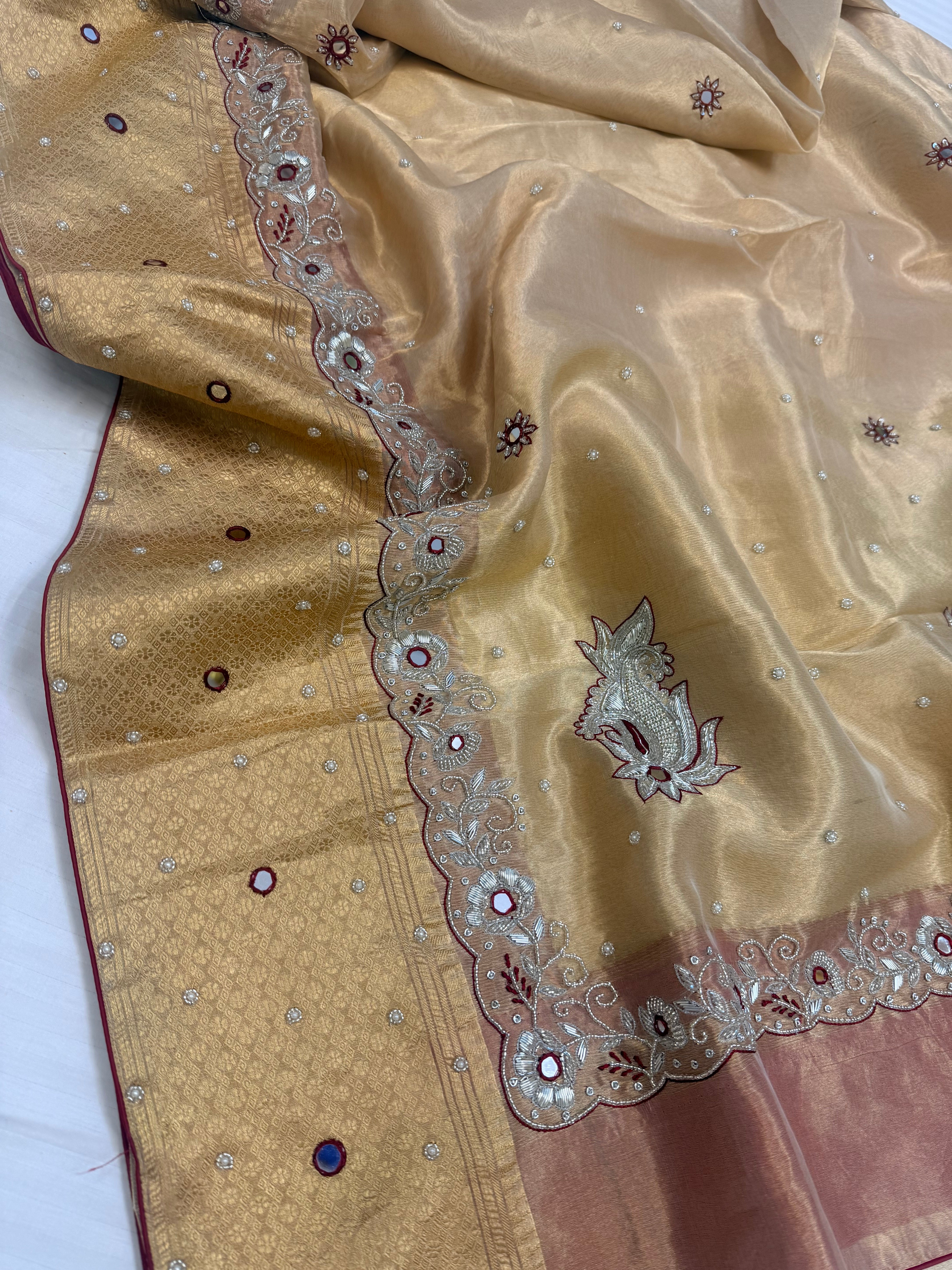 Soft gold husn tissue silk meenakari hand embroidered kadhwa saree