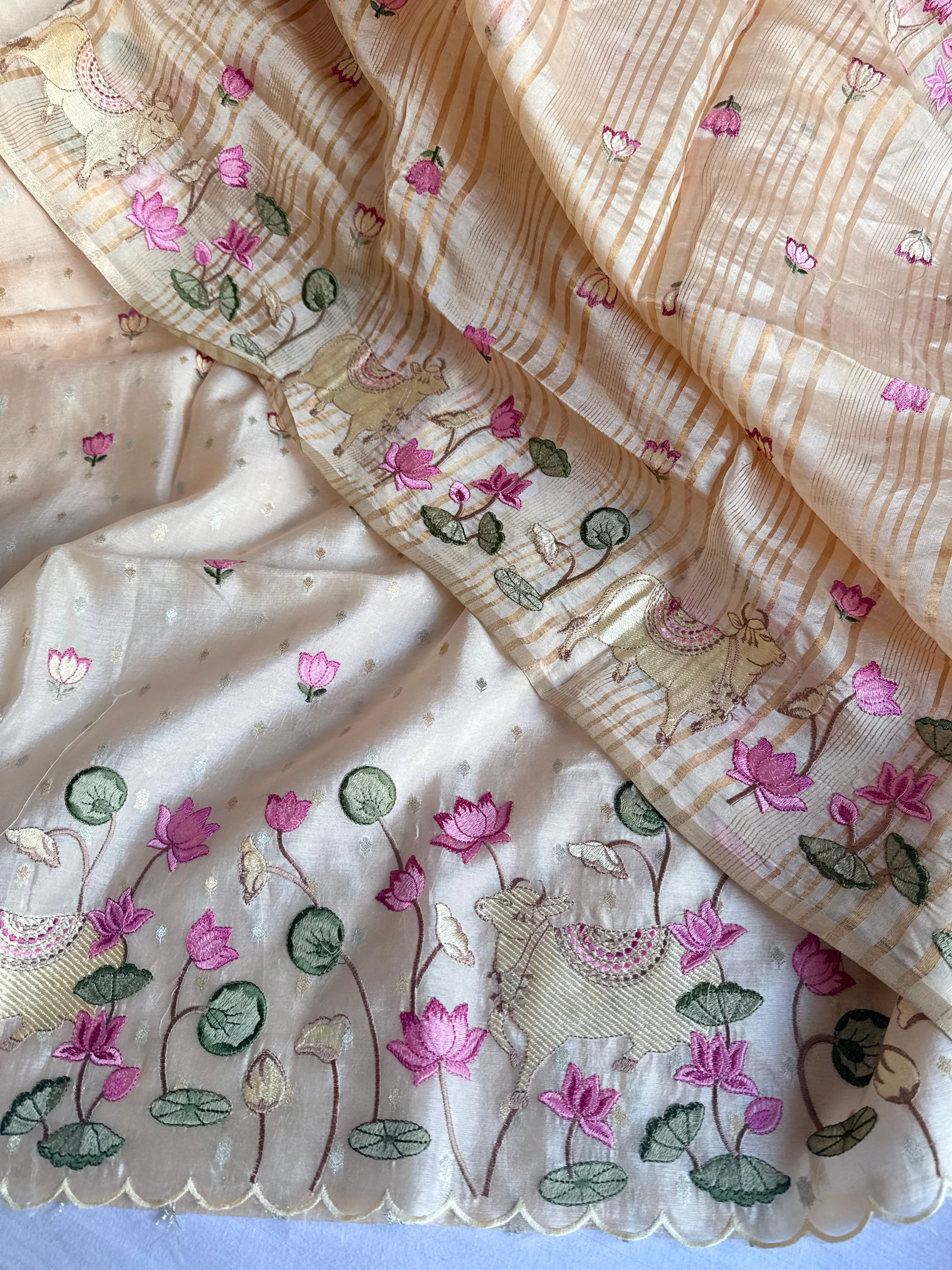 Suits under 10k - Spun chiniya silk parsi gara hand embroidered suit set