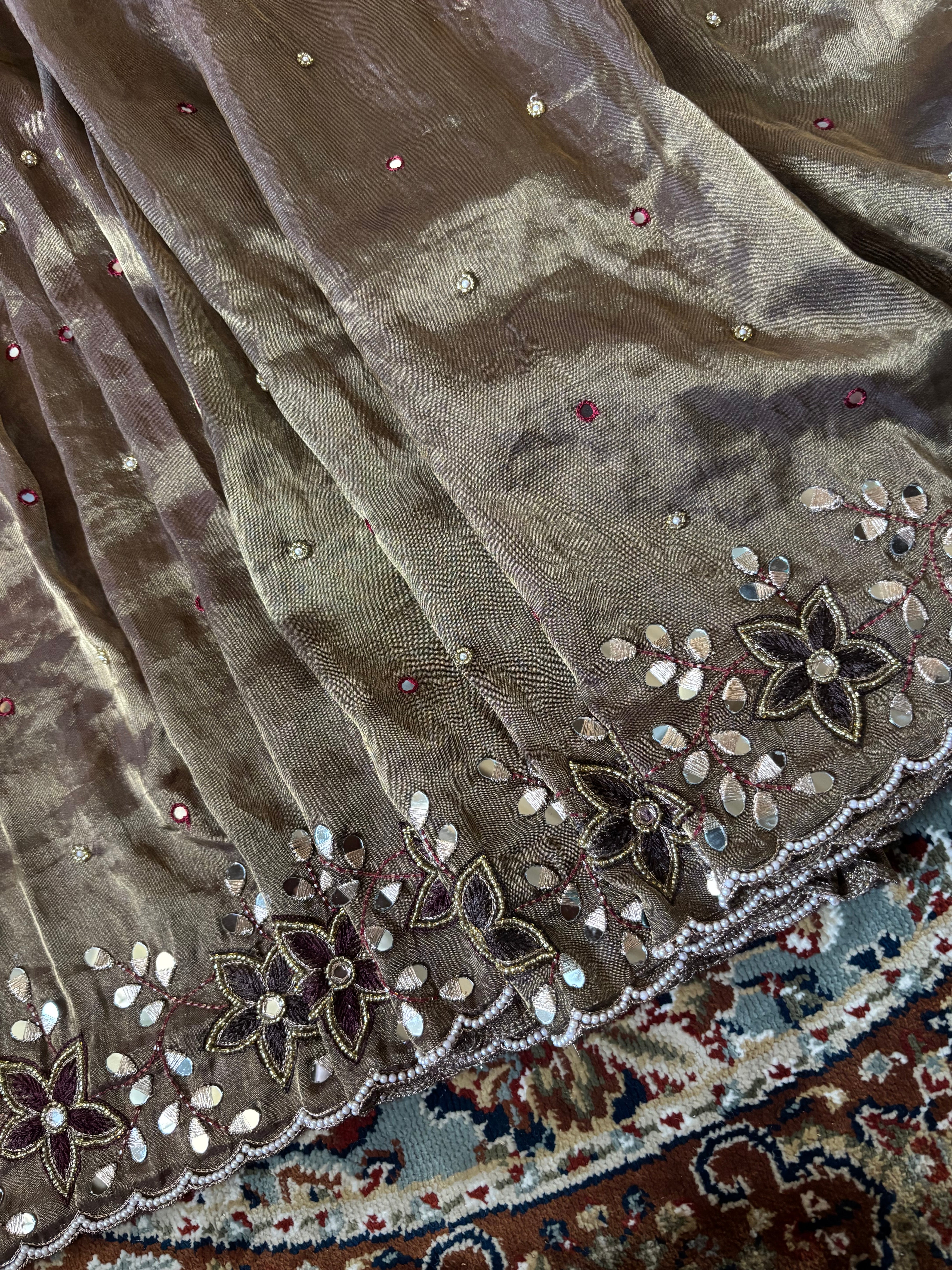 Sheesha aur moti - Chocolate brown mirrorwork and pearlwork hand embroidered saree
