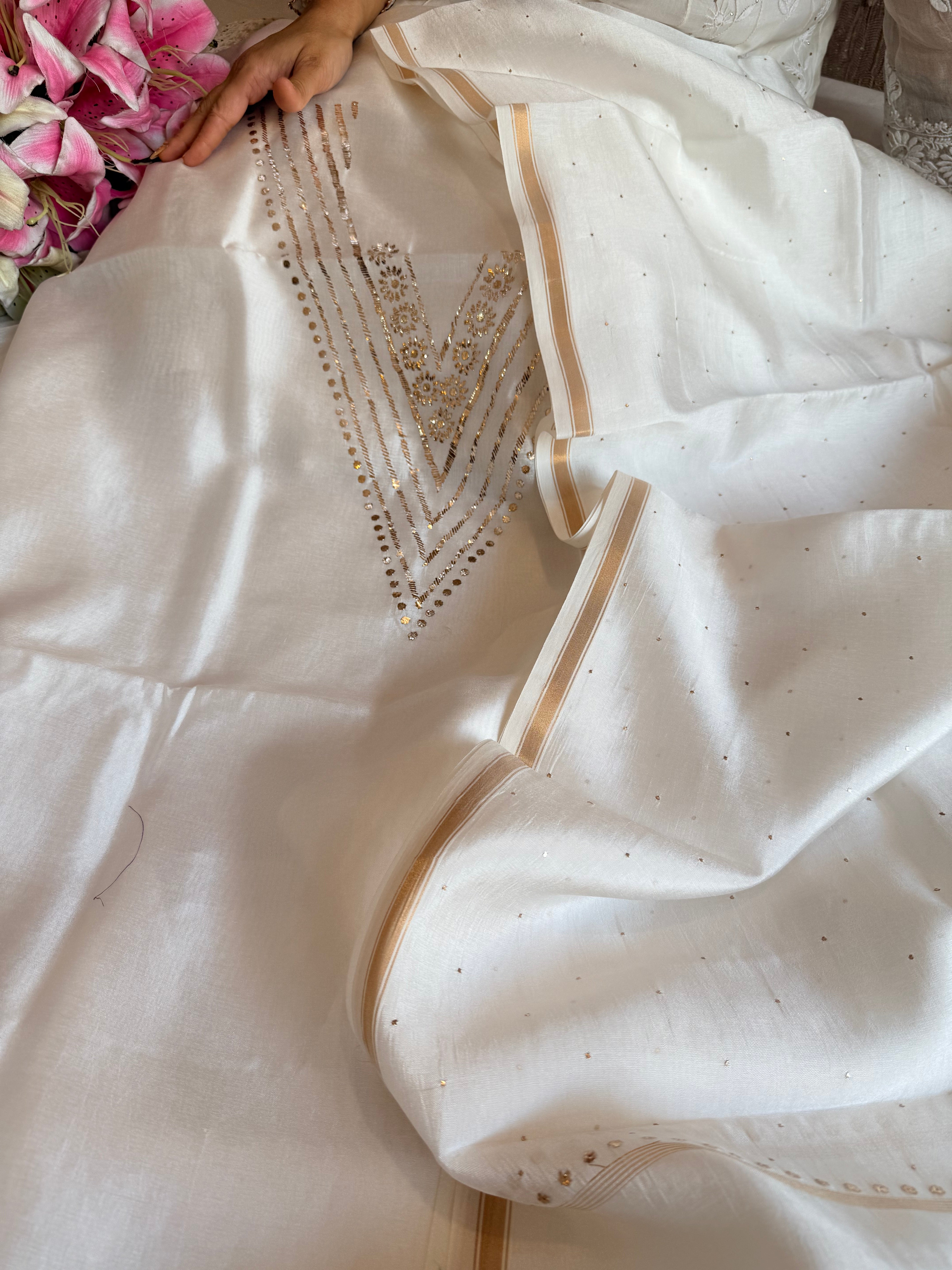 Pearl white spun chiniya silk mukaish hand embroidered suit sets