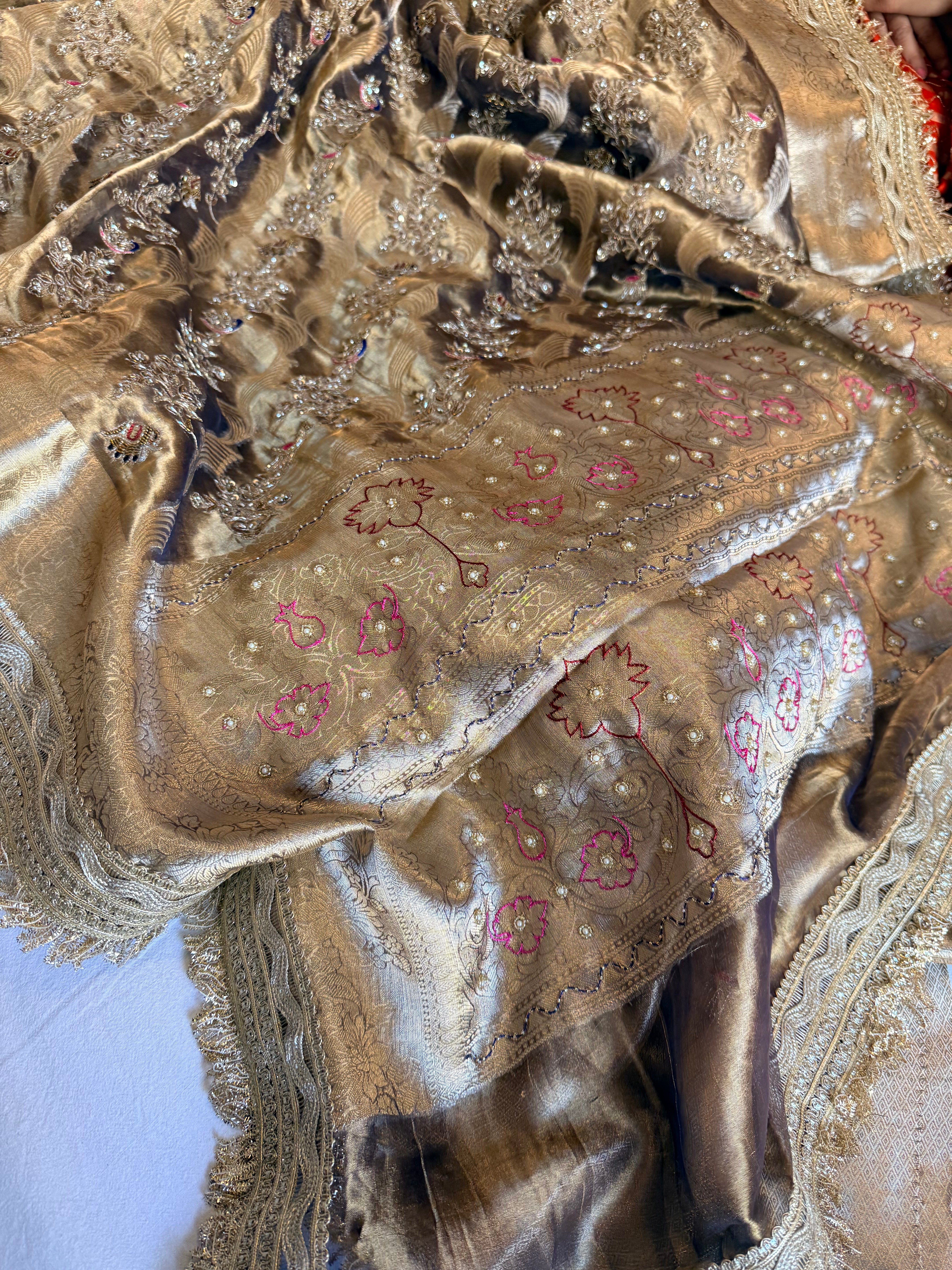 Kanjivaram blue tissue silk shikargah motif hand embroidered saree