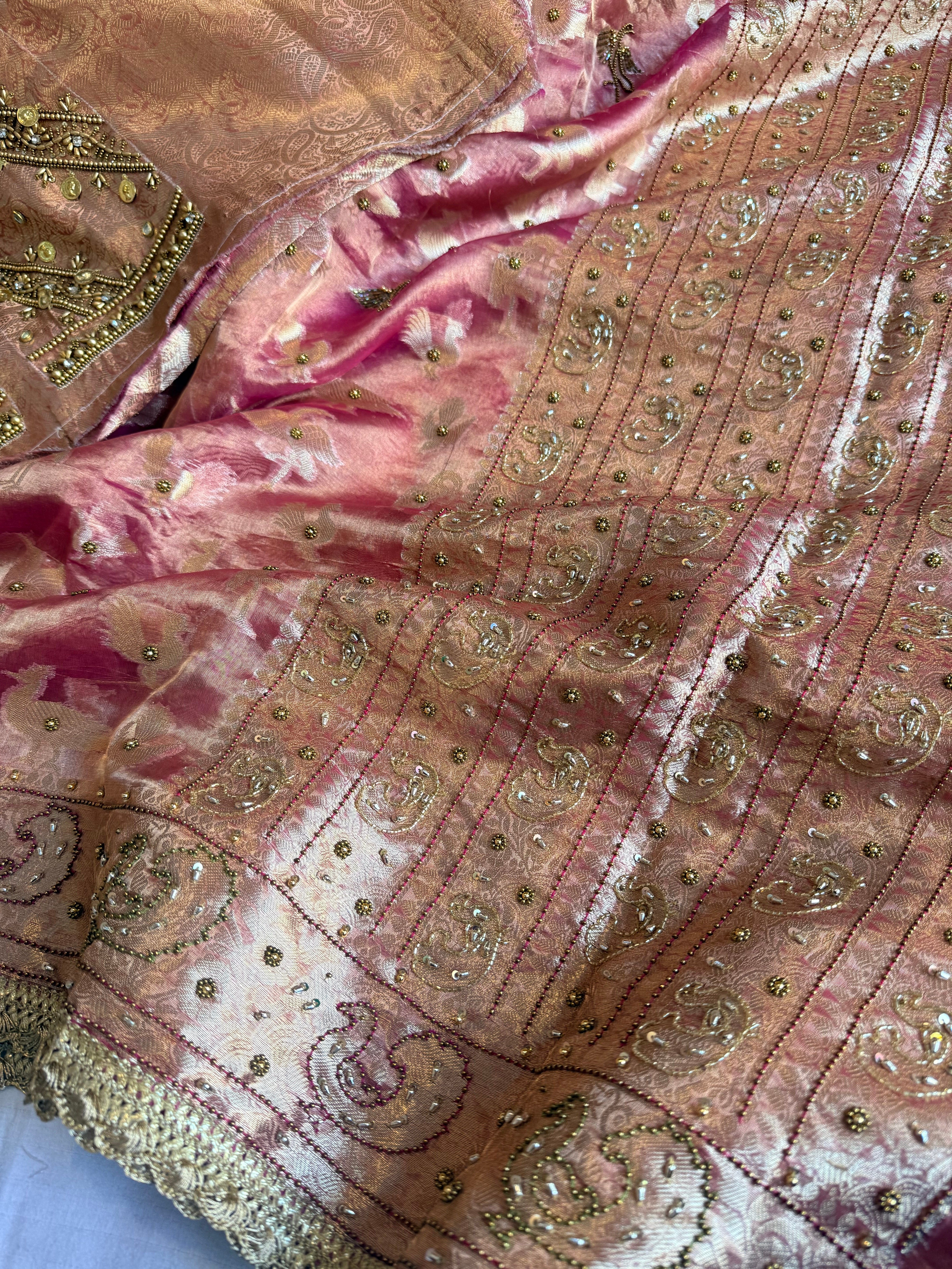 Chiraiya wali saree - Cherry pink tissue silk figure motif weaving and hand embroidered saree