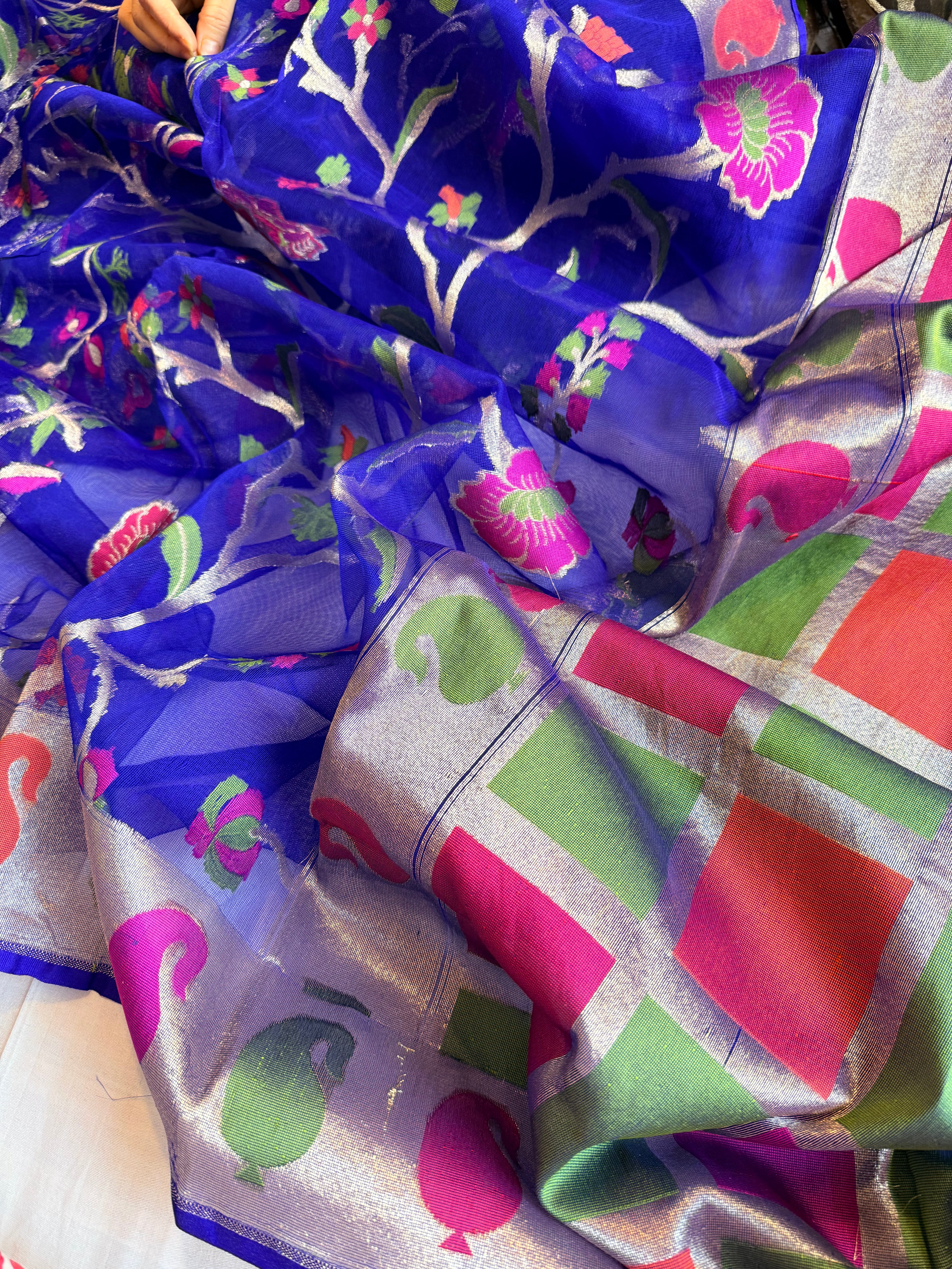 Electric blue silk net jamdani weaving meenakari kadhwa saree