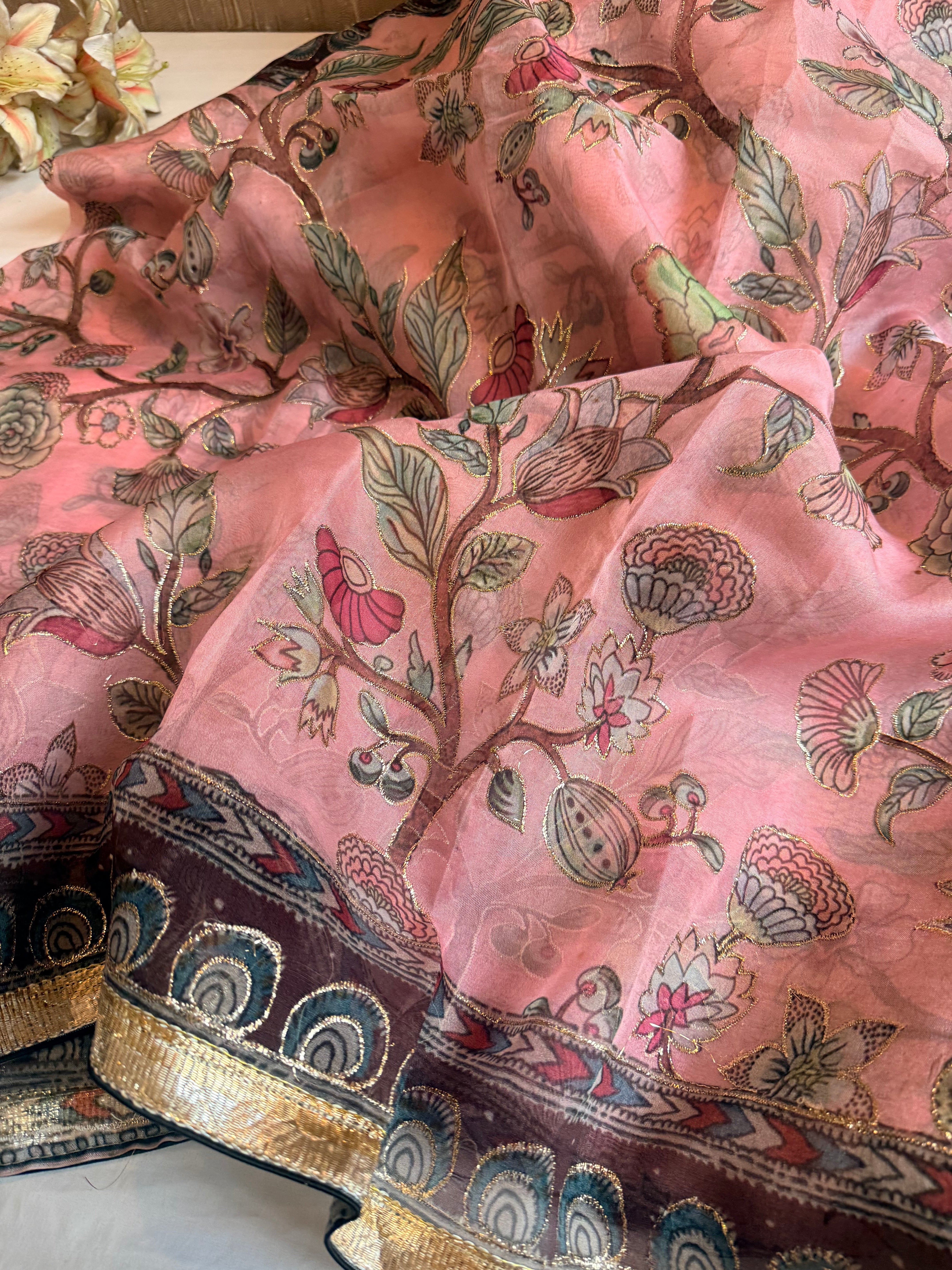 Kora silk printed lampi gotapatti hand embroidered saree