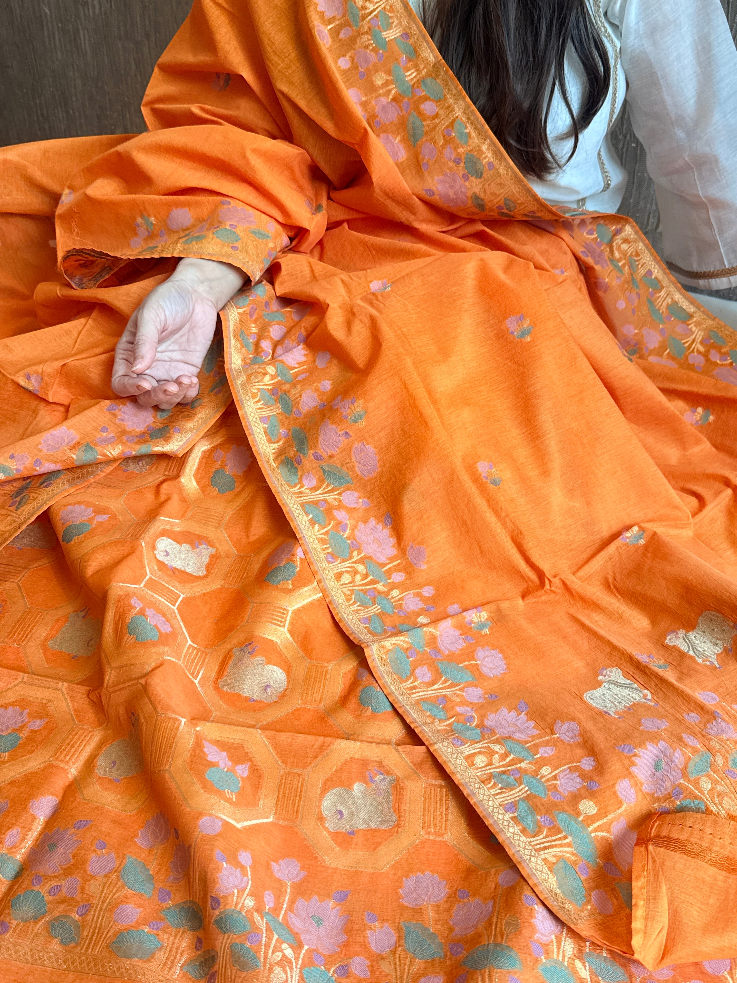 Mul cotton banarasi meenakari nandu motif suit sets