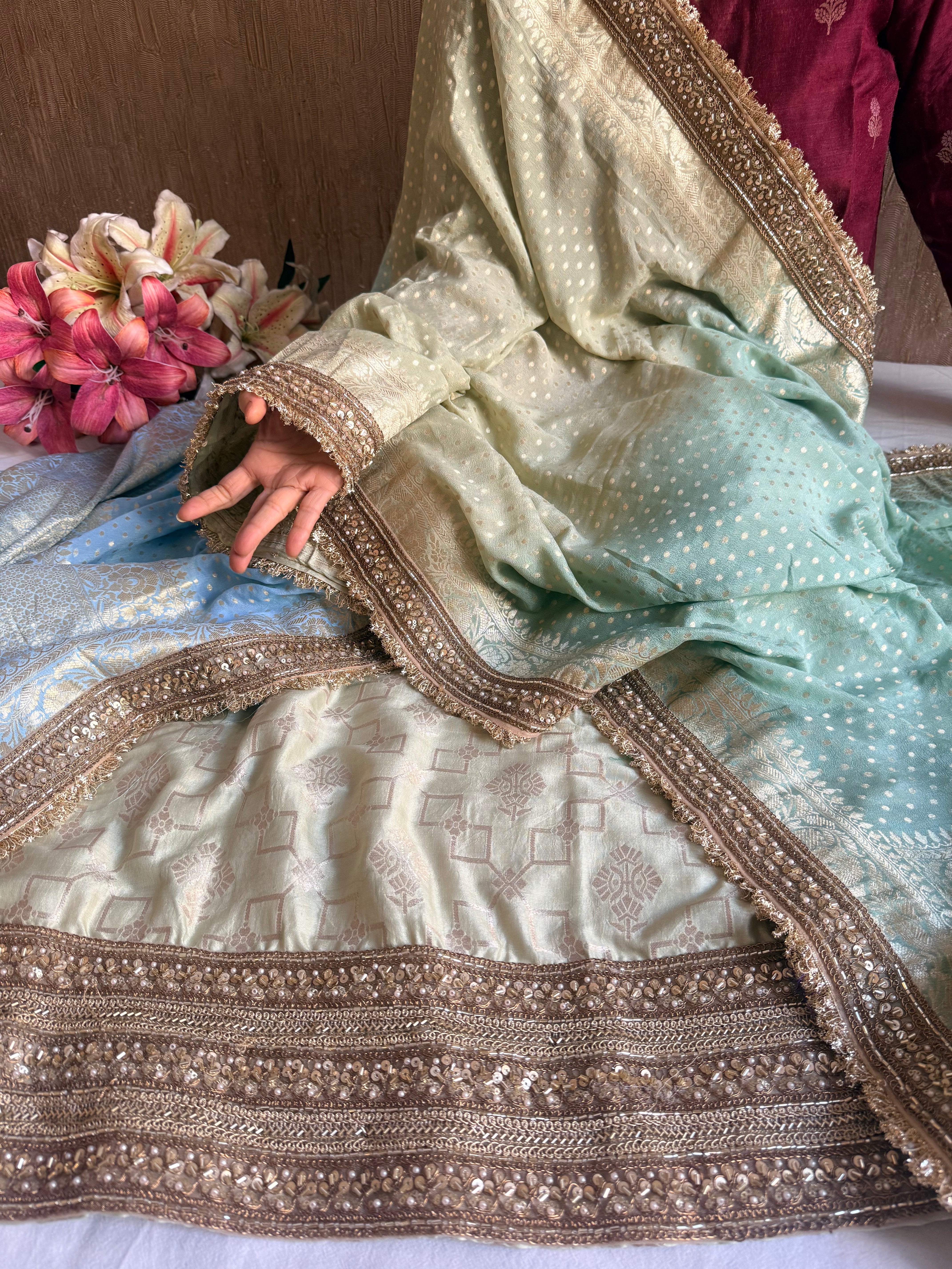 Multishaded moonga silk zardozi work hand embroidered suit sets