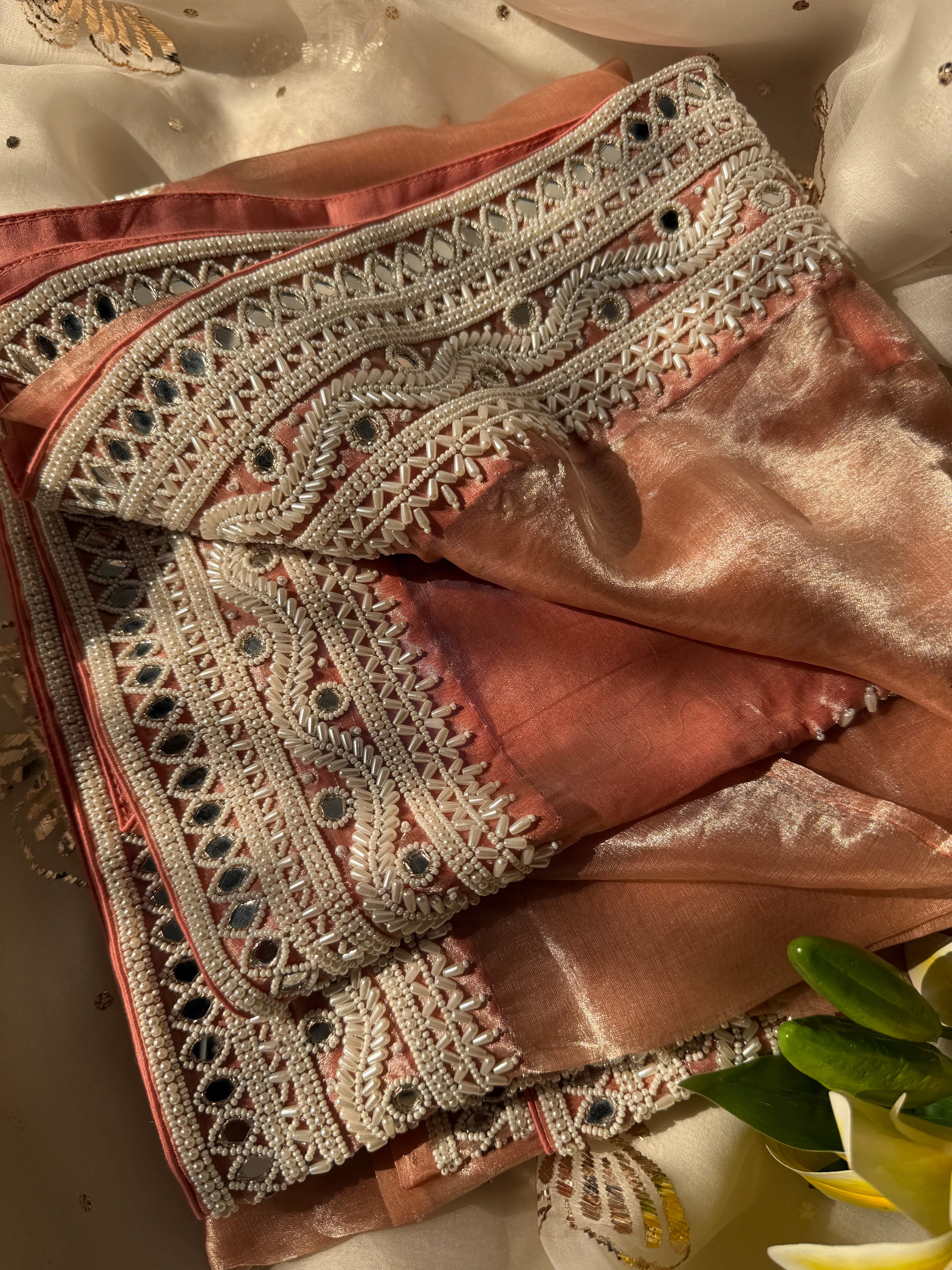 Gajri peach mirrorwork and pearlwork hand embroidered diamond tissue saree
