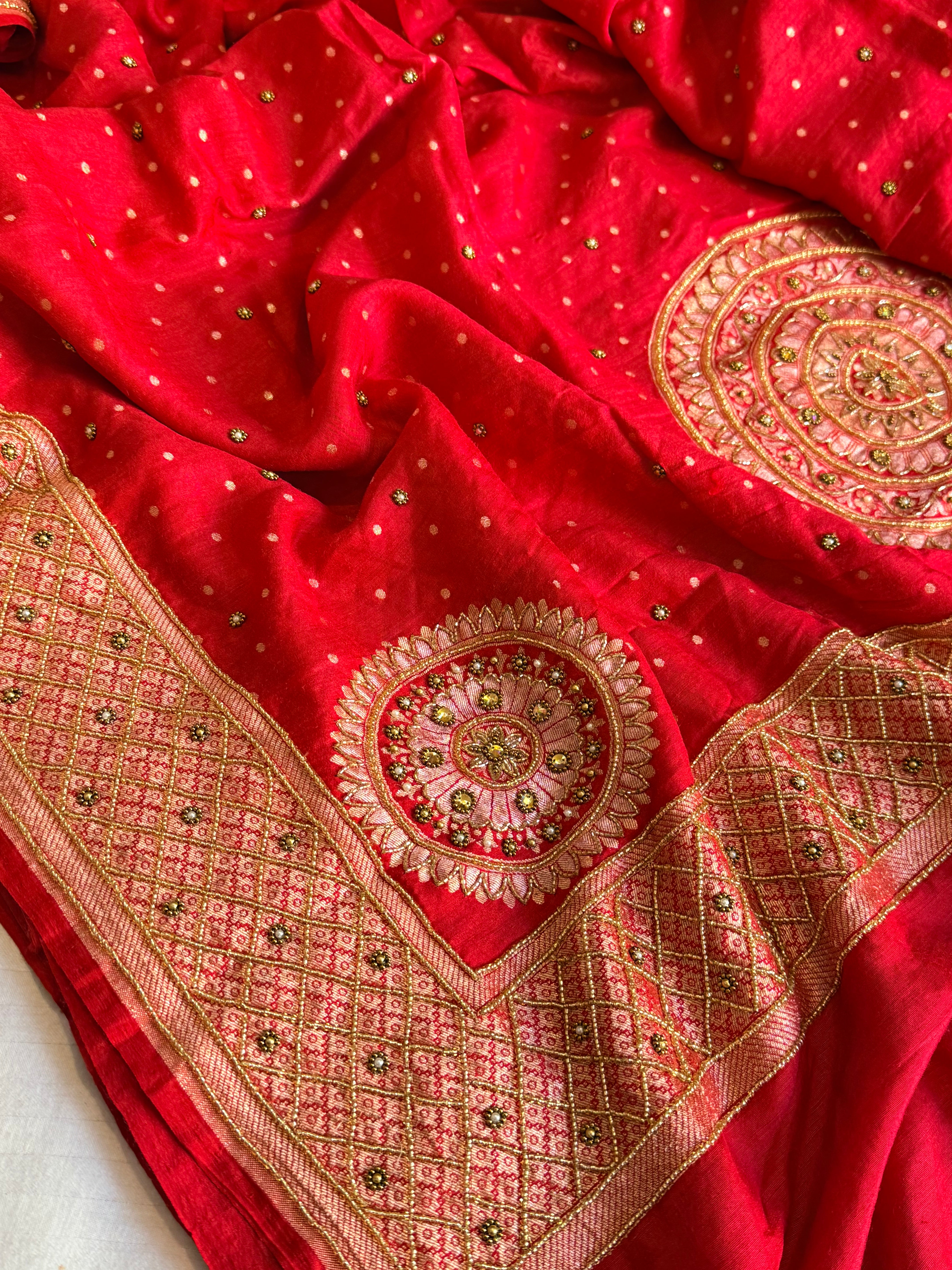 Banarasi sindoor red moonga silk hand embroidered kadhwa saree
