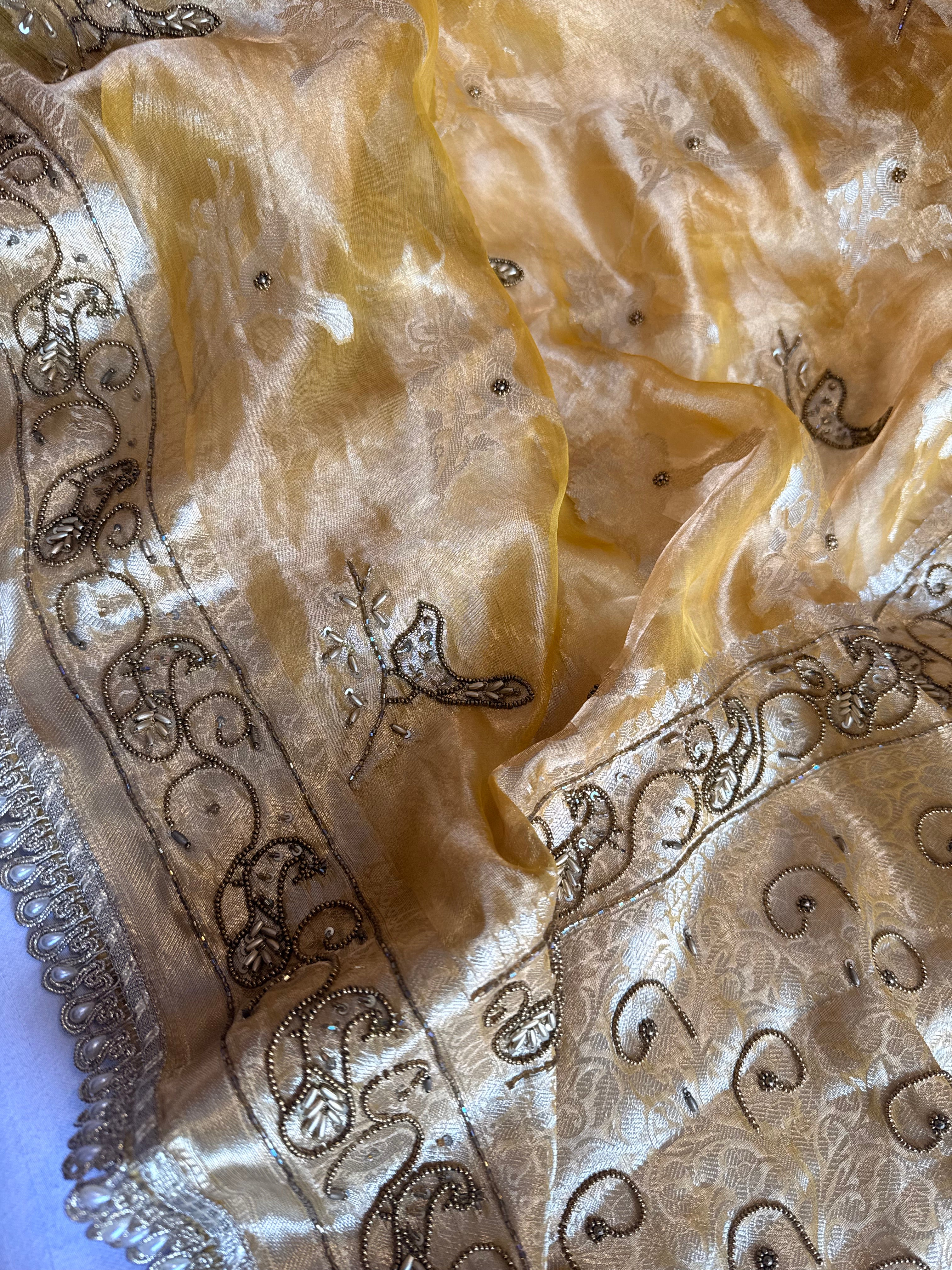 Chiraiya wali saree - Butter gold tissue silk figure motif weaving and hand embroidered saree
