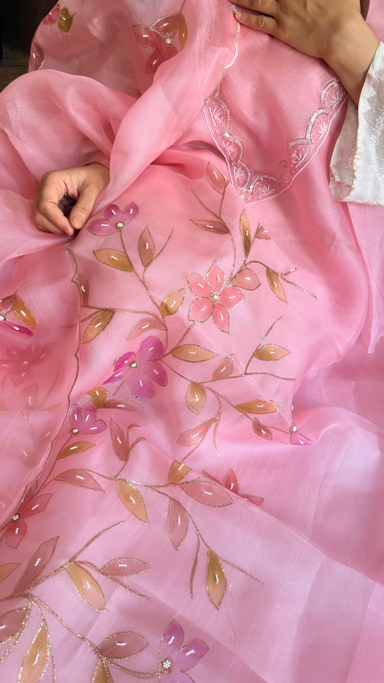 Baagicha edit - Banarasi kora silk handpainted floral hand embroidered suit set