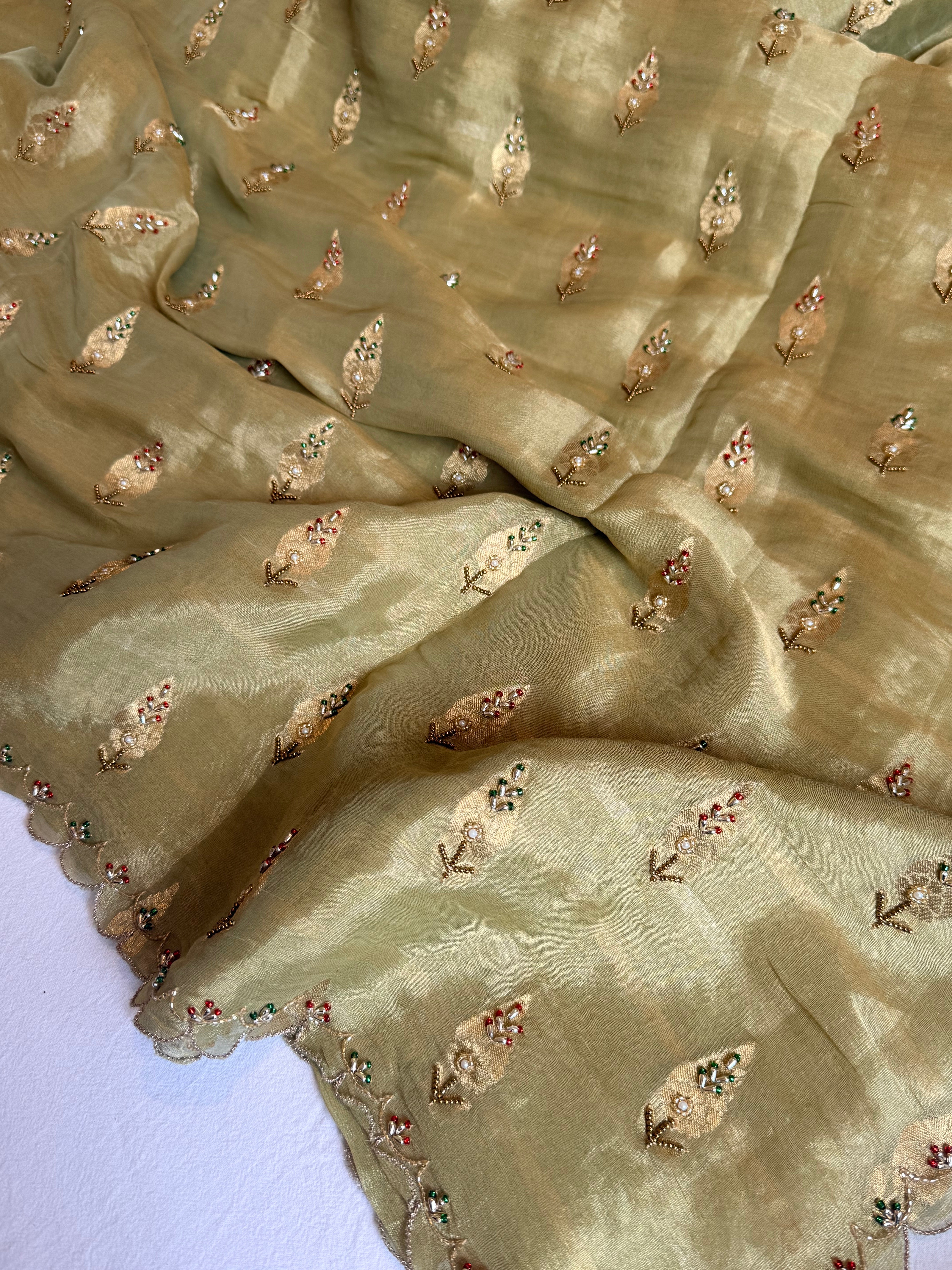 Chiffon tissue gorgette chunri buti hand embroidered kadhwa saree