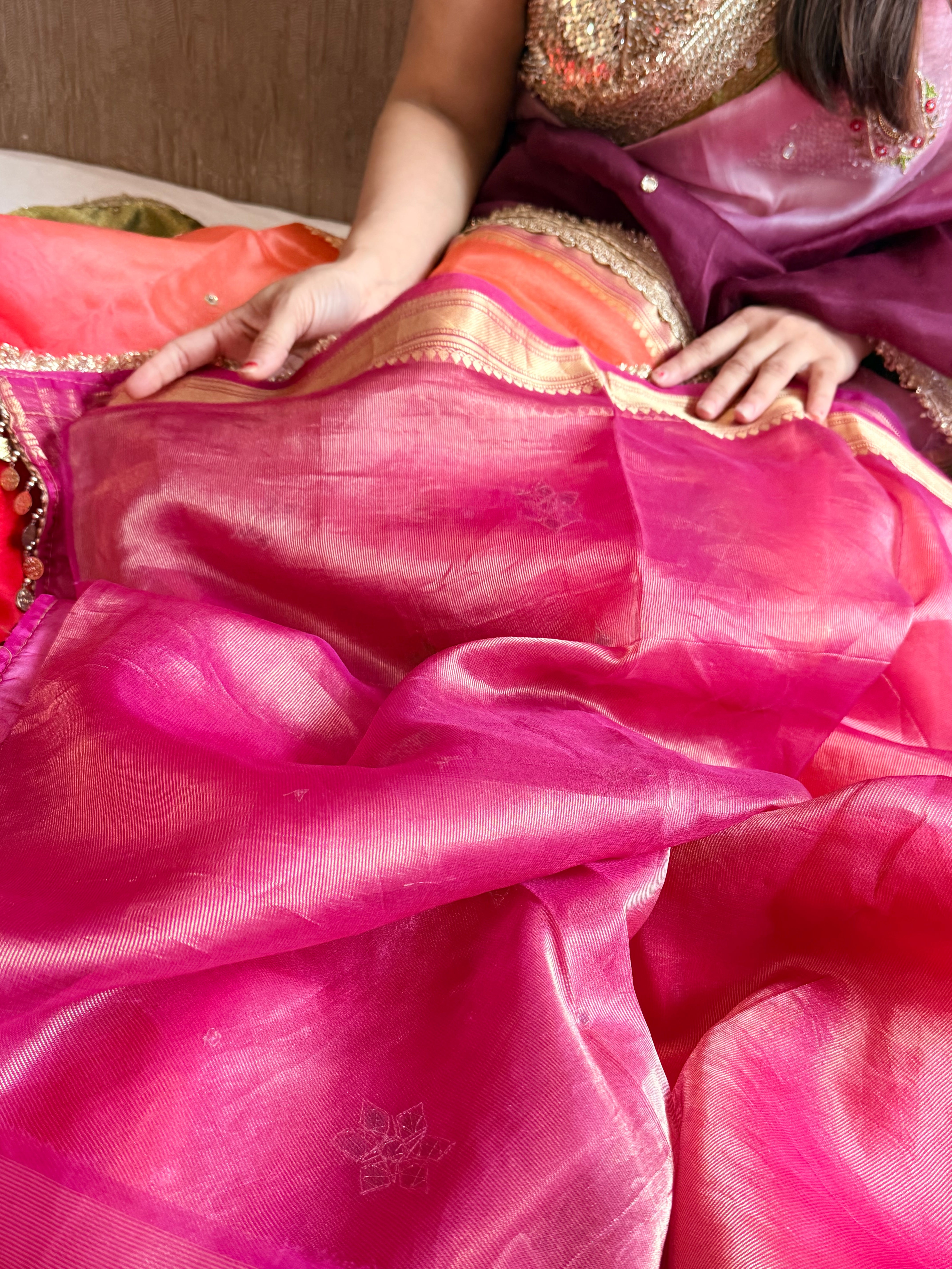 Husn ganga jamuna contrast border kora silk hand embroidered saree