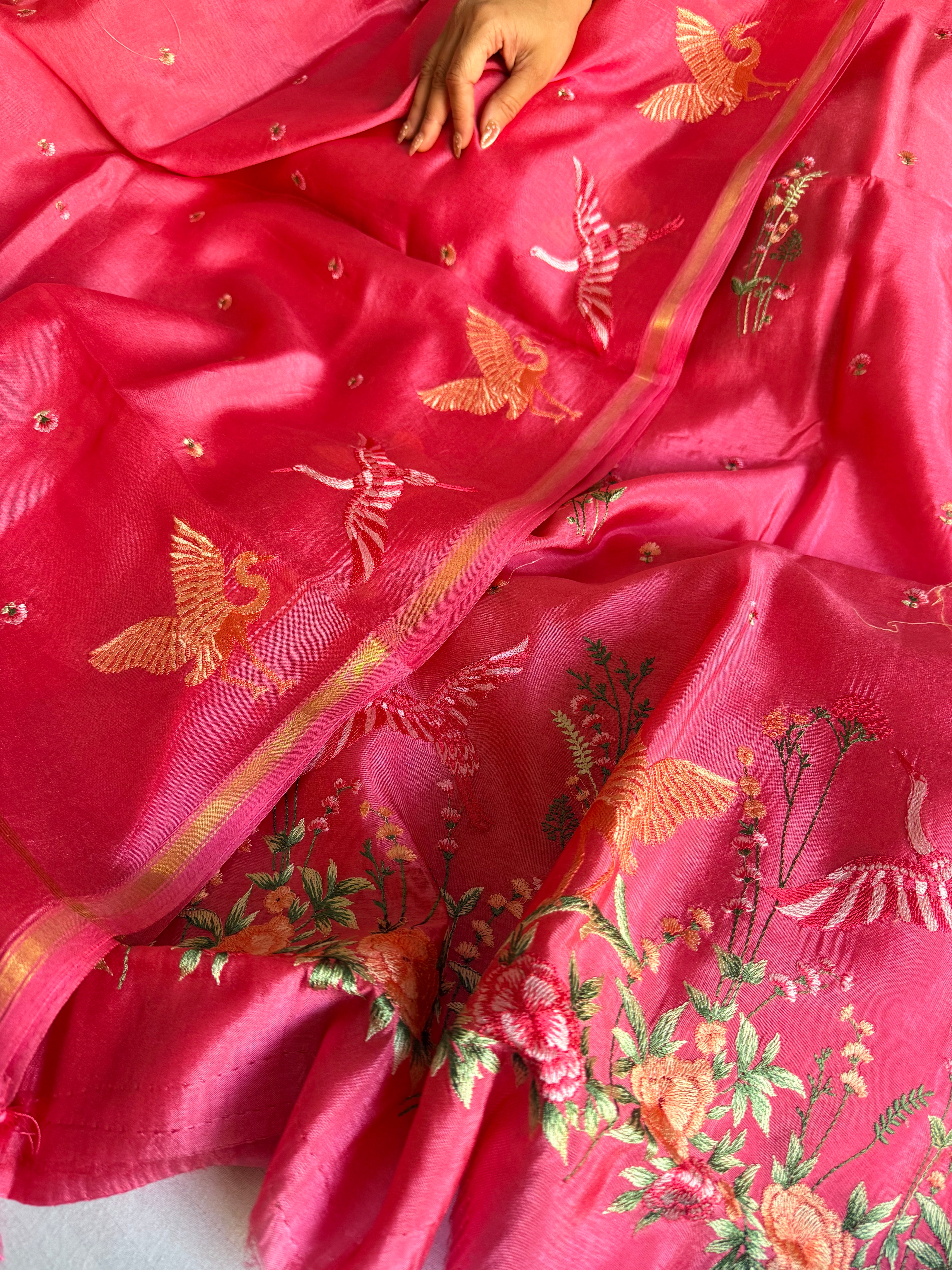 Suits under 10k - Spun chiniya silk parsi gara hand embroidered suit set