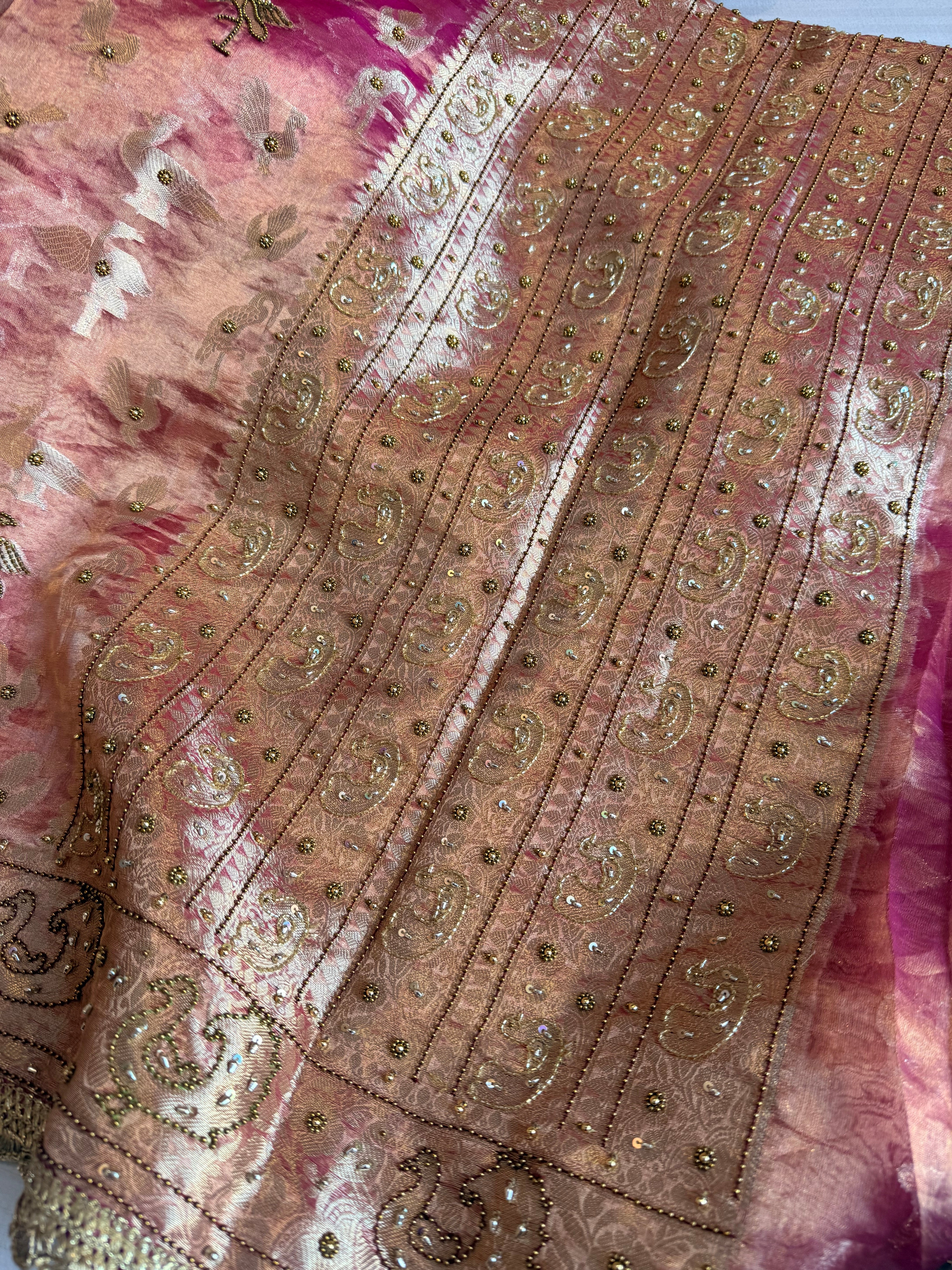 Chiraiya wali saree - Rani pink tissue silk figure motif weaving and hand embroidered saree
