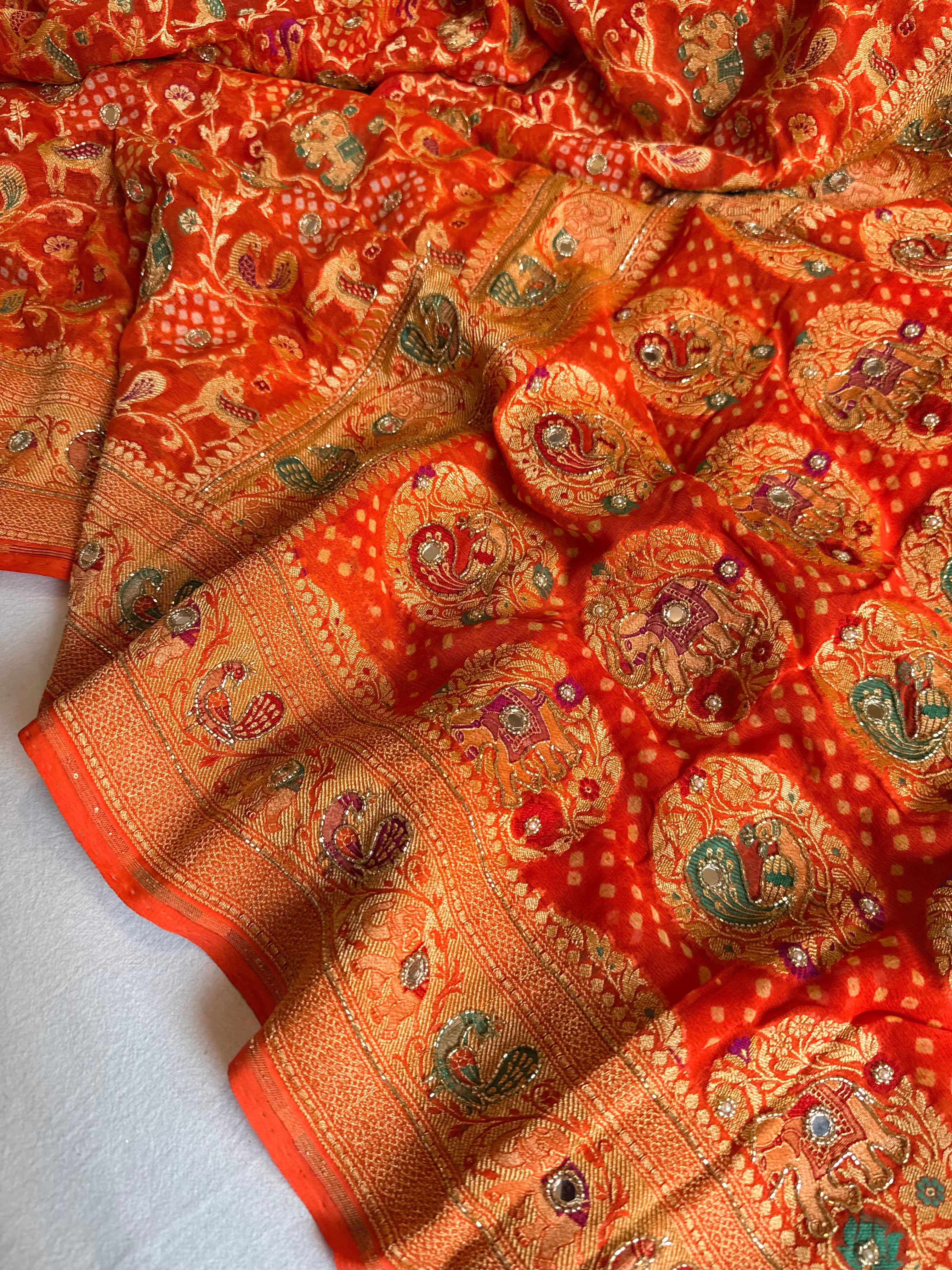 Banarasi chiffon gorgette rai bandhej kadhwa weaving hand embroidered saree