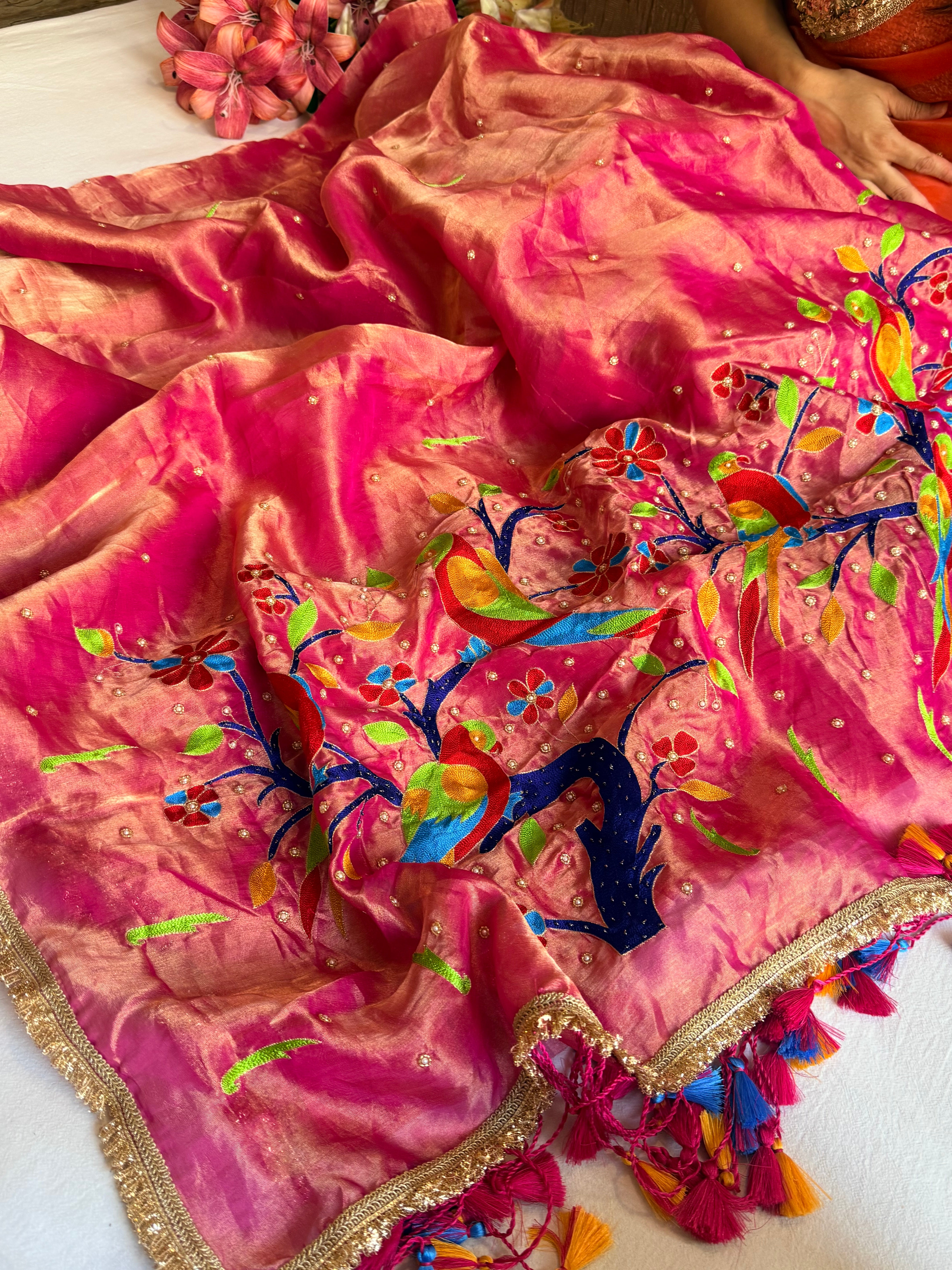 Barbie pink tissue silk paithani weaving hand embroidered kadhwa saree