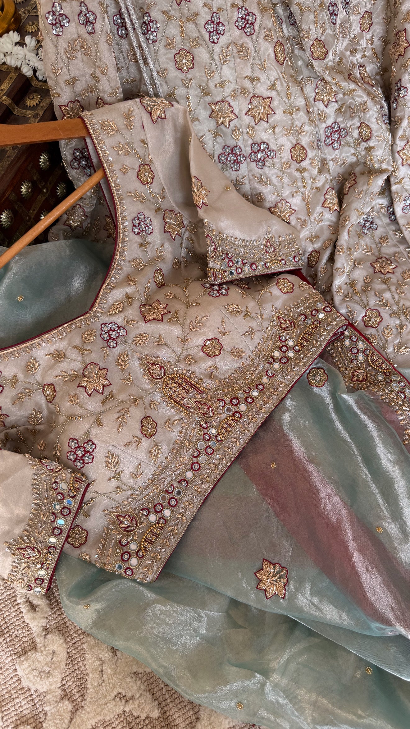 Rajwadi tissue silk mint-red lehenga set