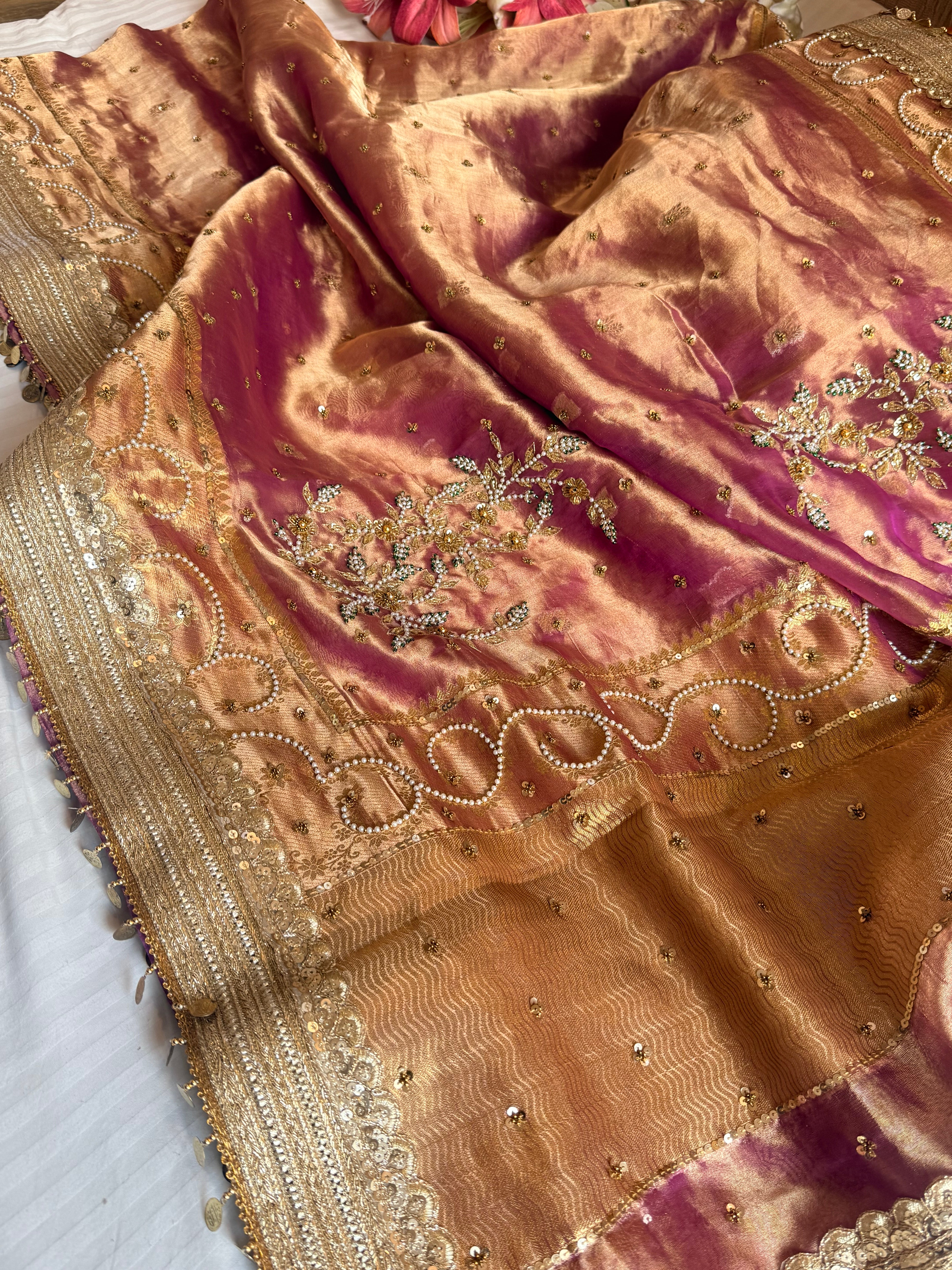 Salma-sitara molten lilac tissue silk antique work hand embroidered saree
