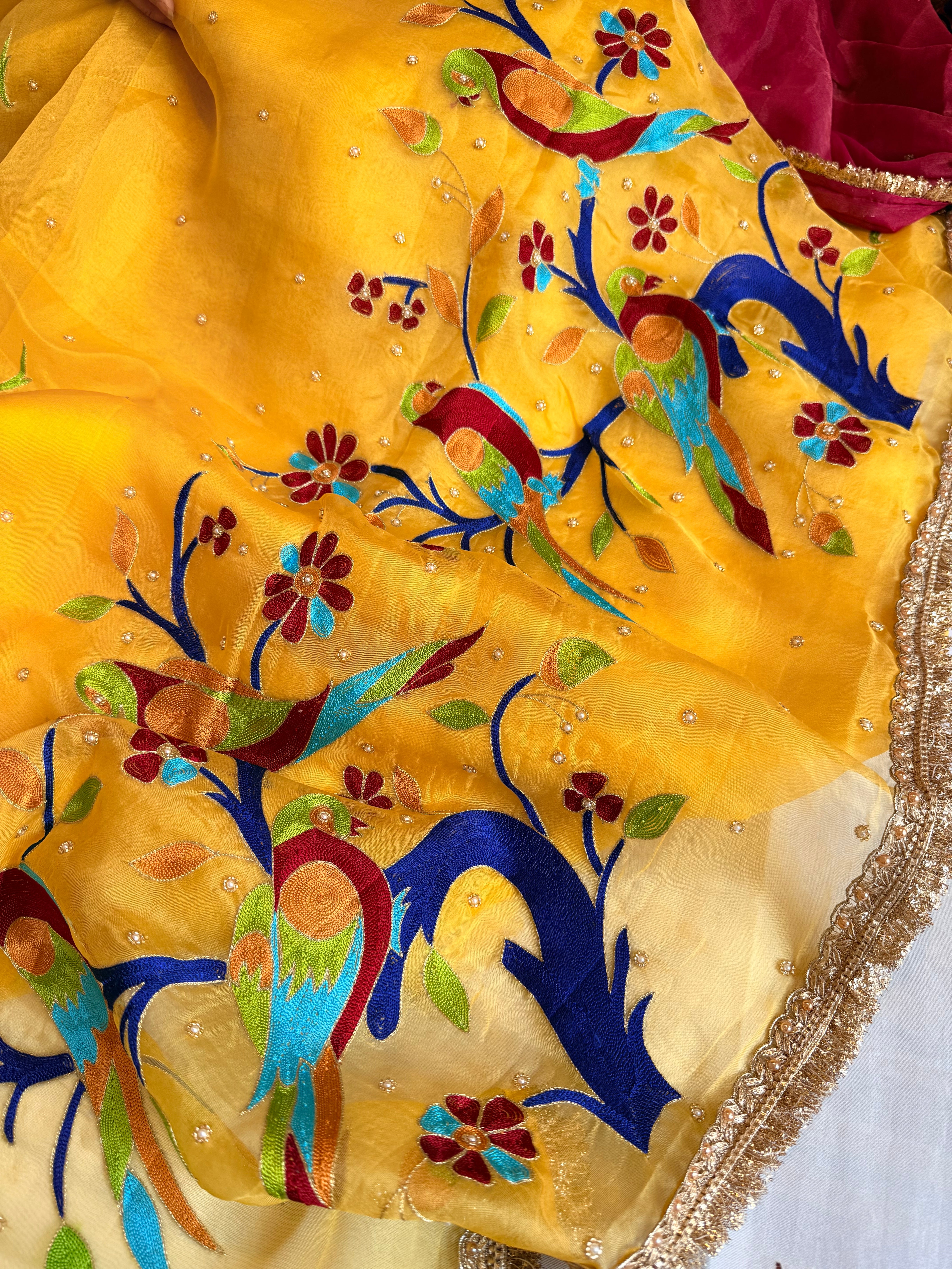 Kora silk golden yellow paithani hand embroidered meenakari saree