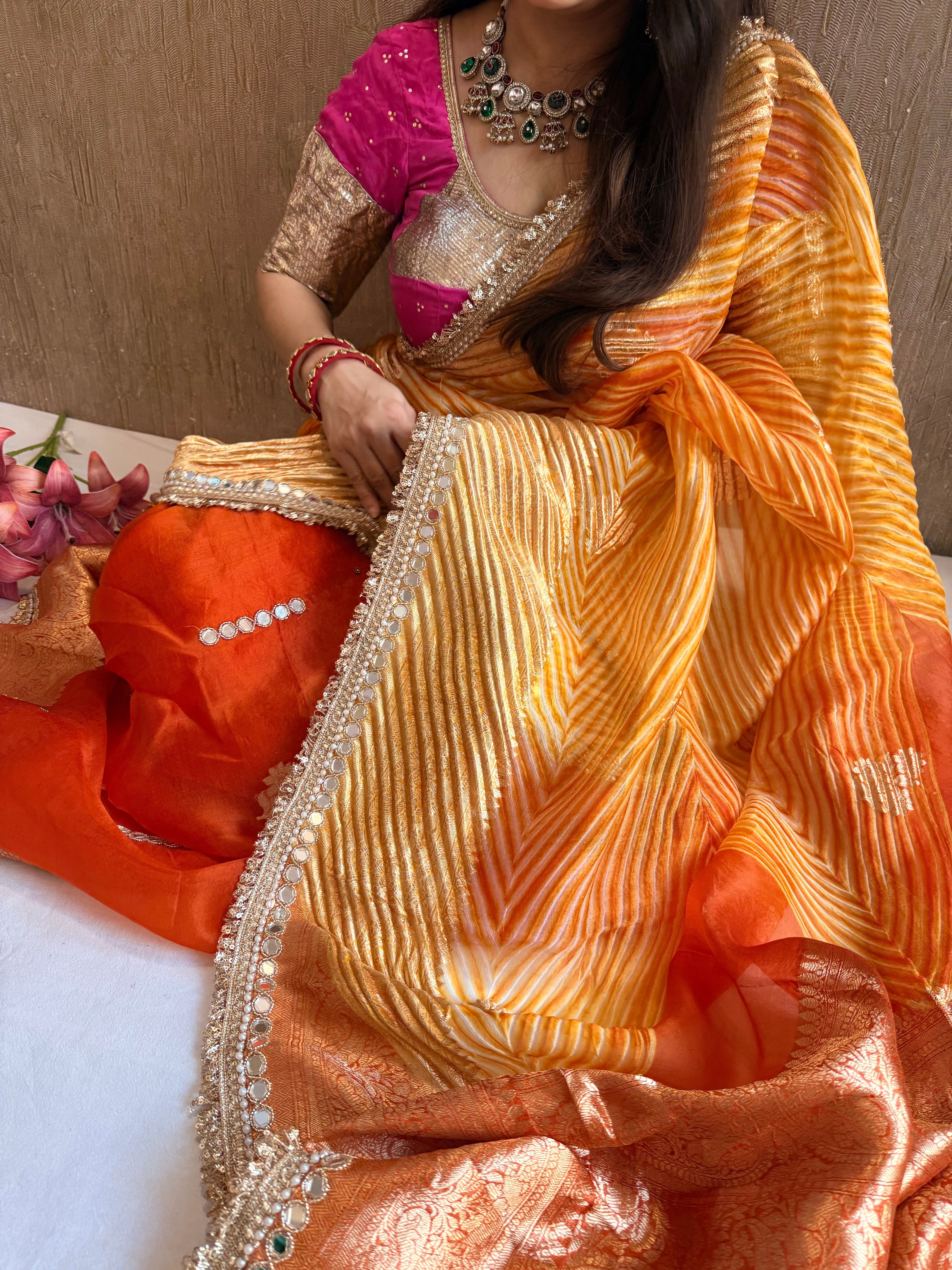 Sunset orange banarasi kora silk mirrorwork arshi dyed kadhwa saree