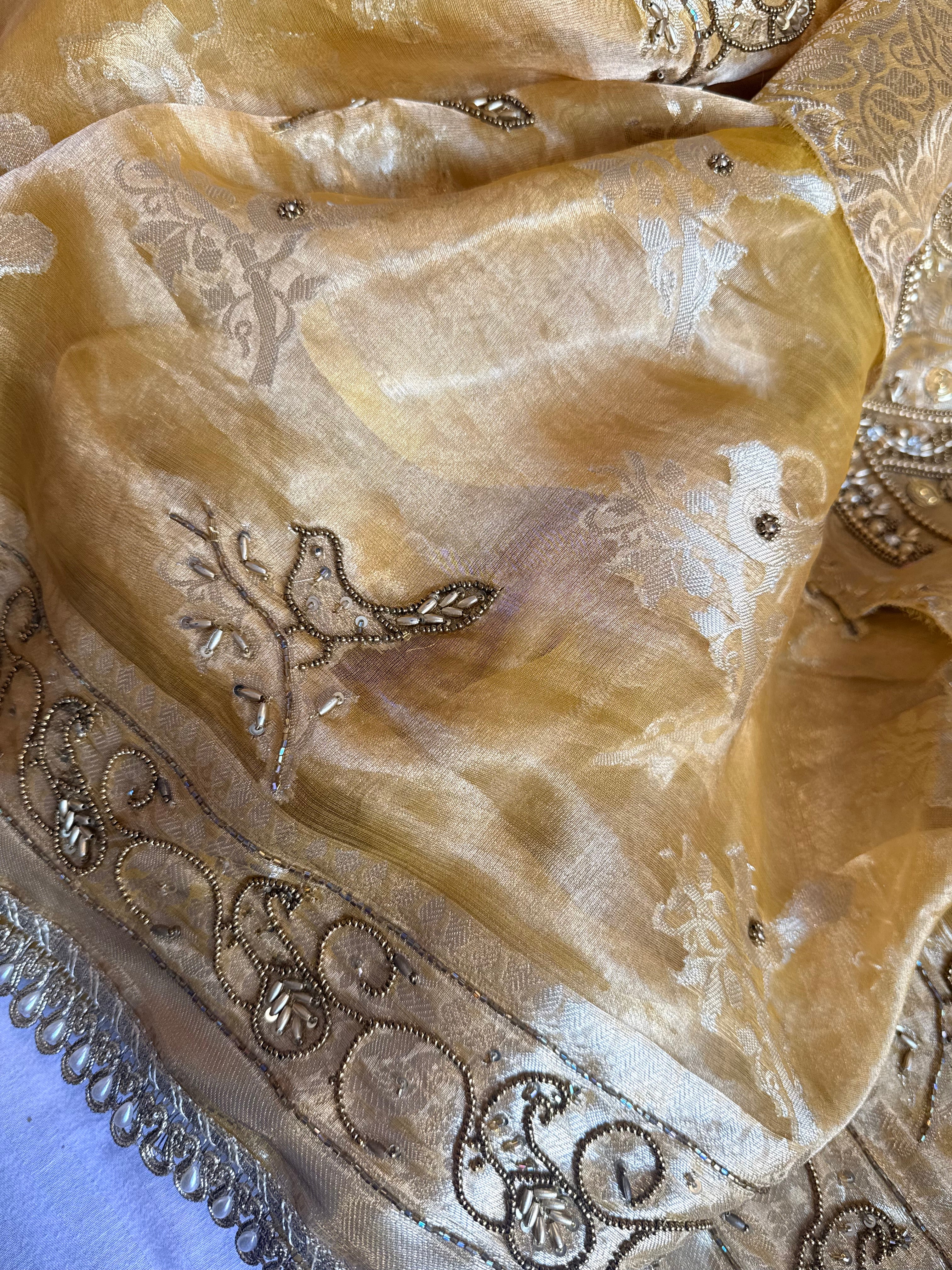 Chiraiya wali saree - Butter gold tissue silk figure motif weaving and hand embroidered saree