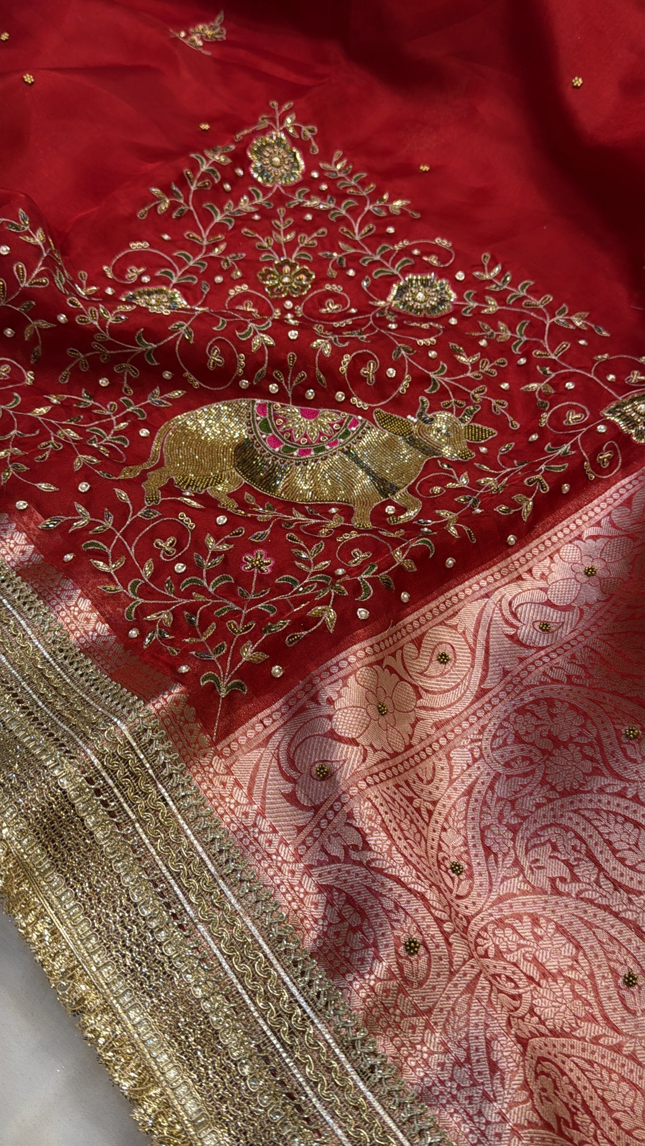 Blood red tissue silk nandi motif zardozi work hand embroidered saree