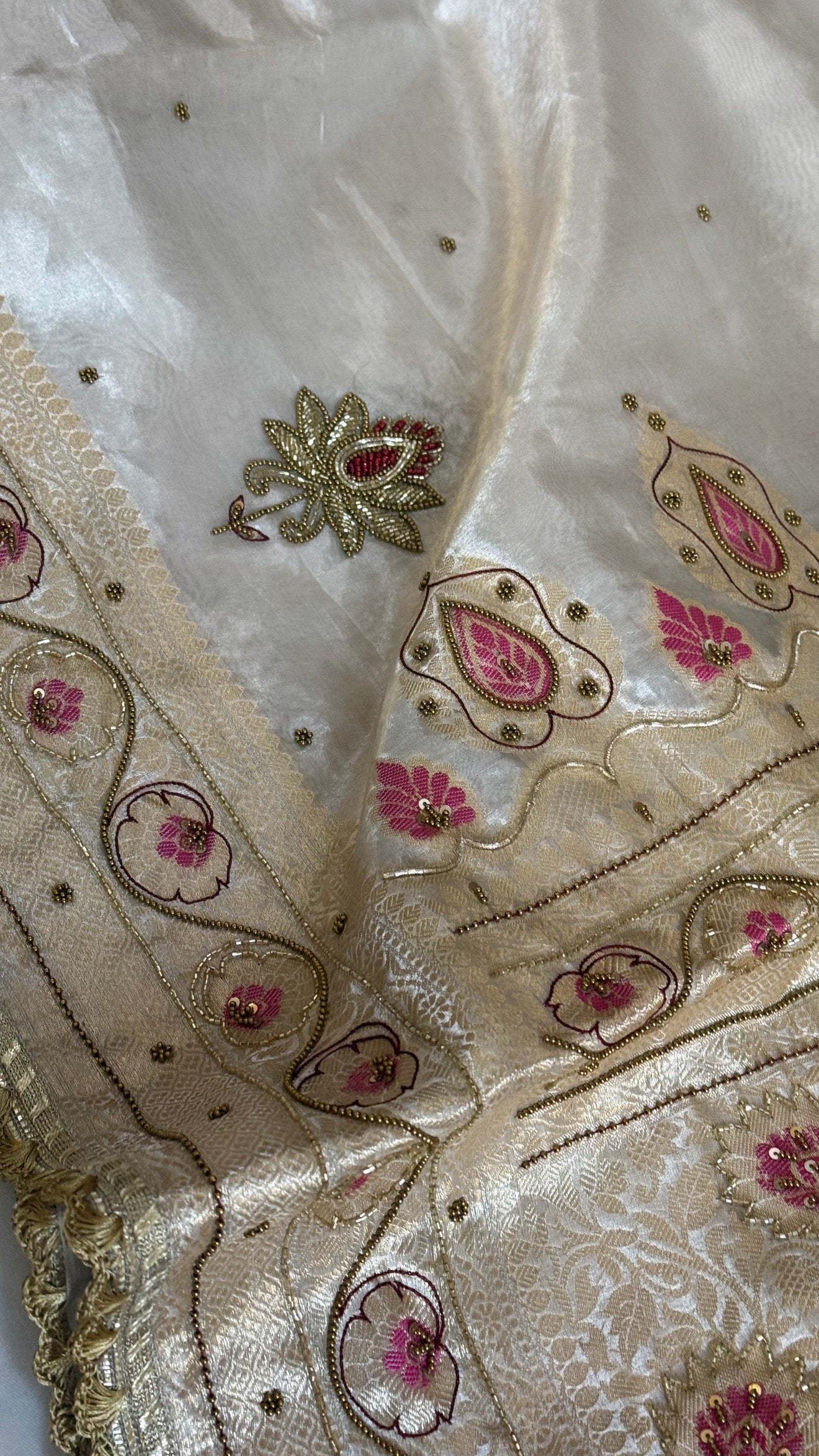 Moonlight silver diamond tissue pink meenakari kadhwa hand embroidered saree