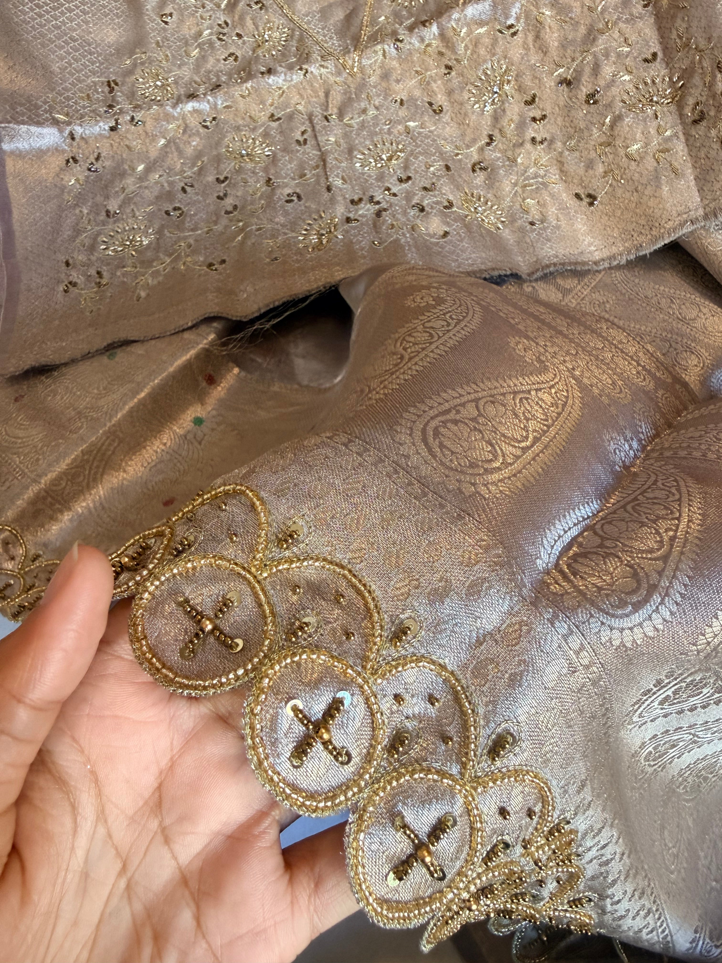 Dusty lilac husn tissue silk hand embroidered kadhwa saree with heavy blouse