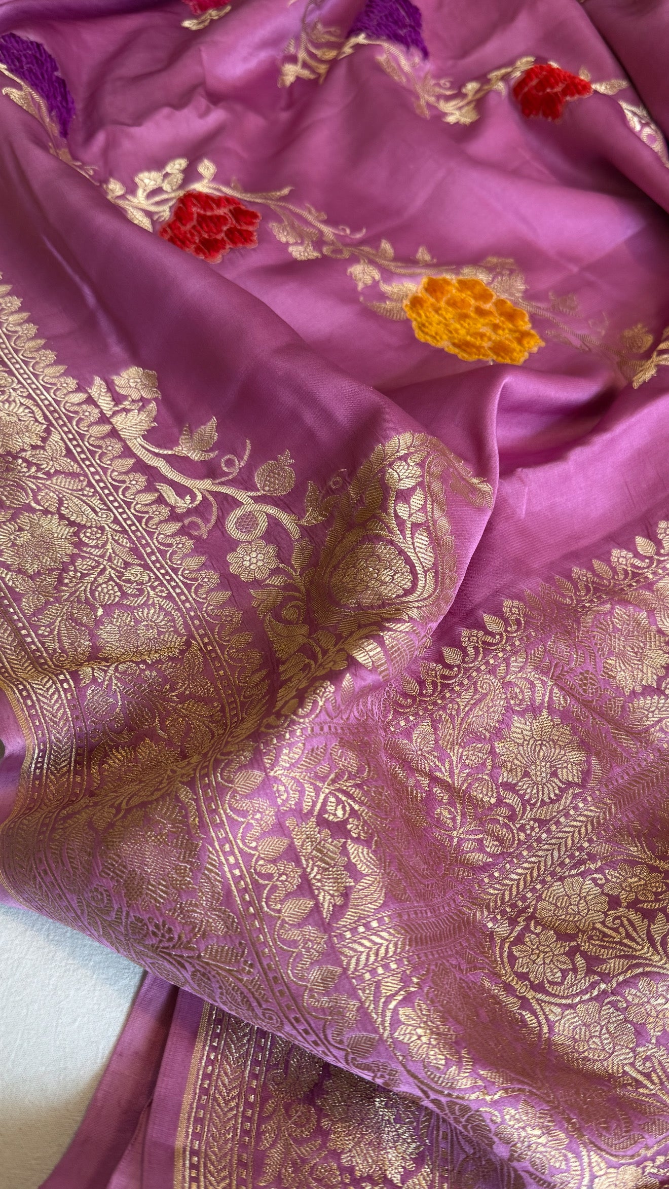 Banarasi lotus lavender pink mashru silk heavy weaving saree with velvet hand embroidered weaving