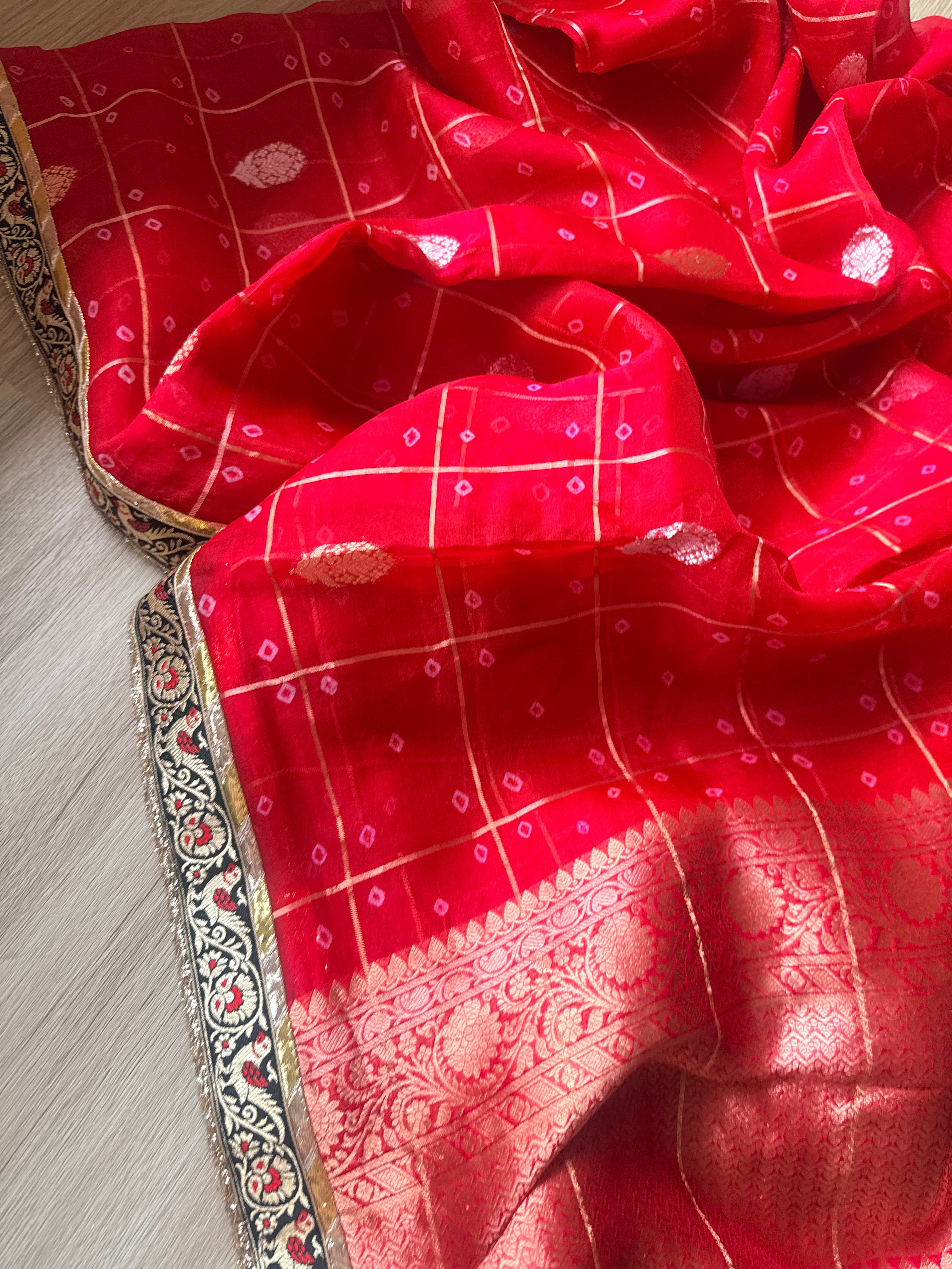 Kora bandhej edit - Chilly red kora silk kadhwa buti hand embroidered saree