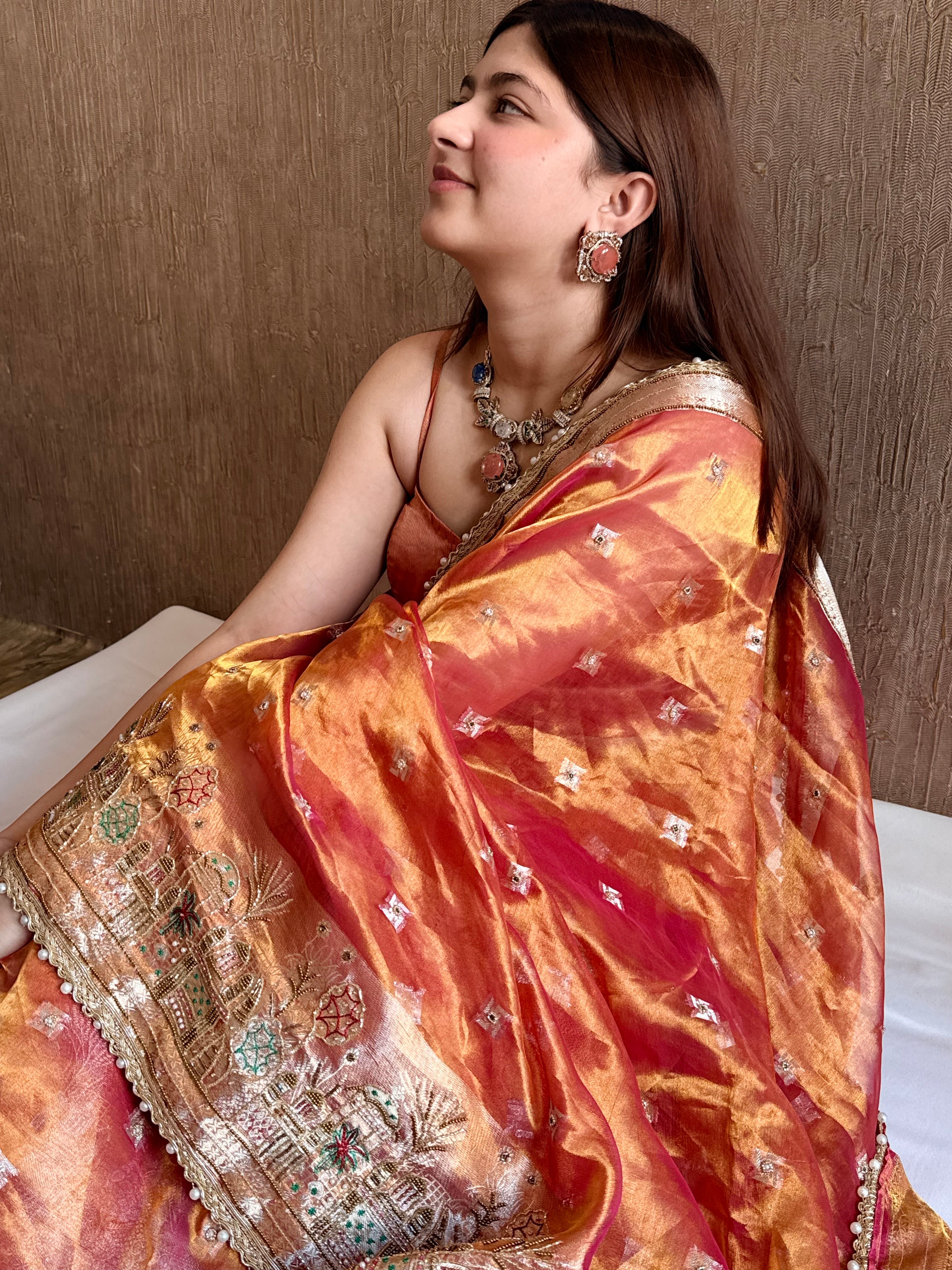 Ganga-darshan edit - Tissue silk kanjivaram cherry pink hand embroidered kadhwa saree
