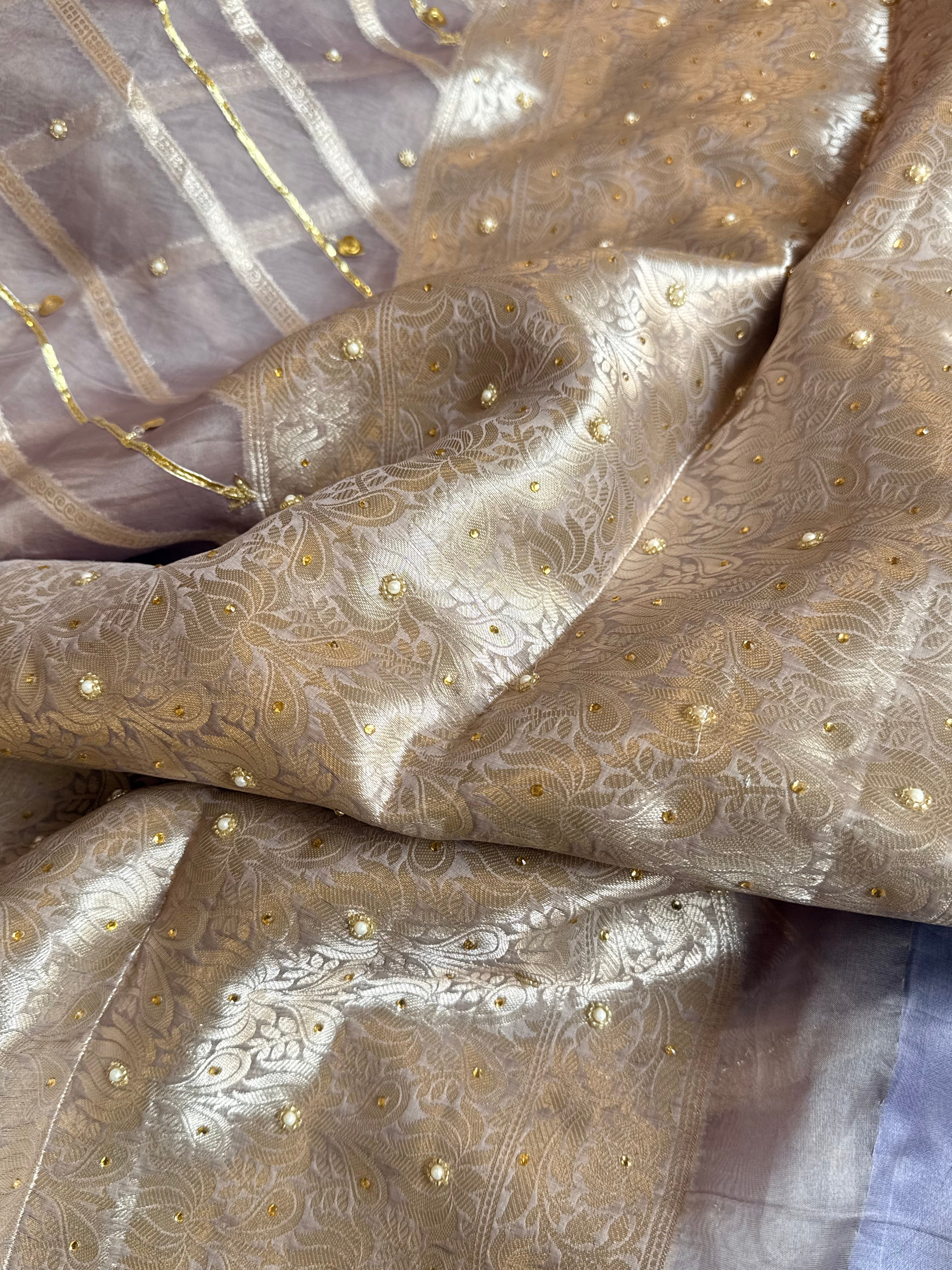 Kora silk kadhwa striped gotapatti work hand embroidered saree