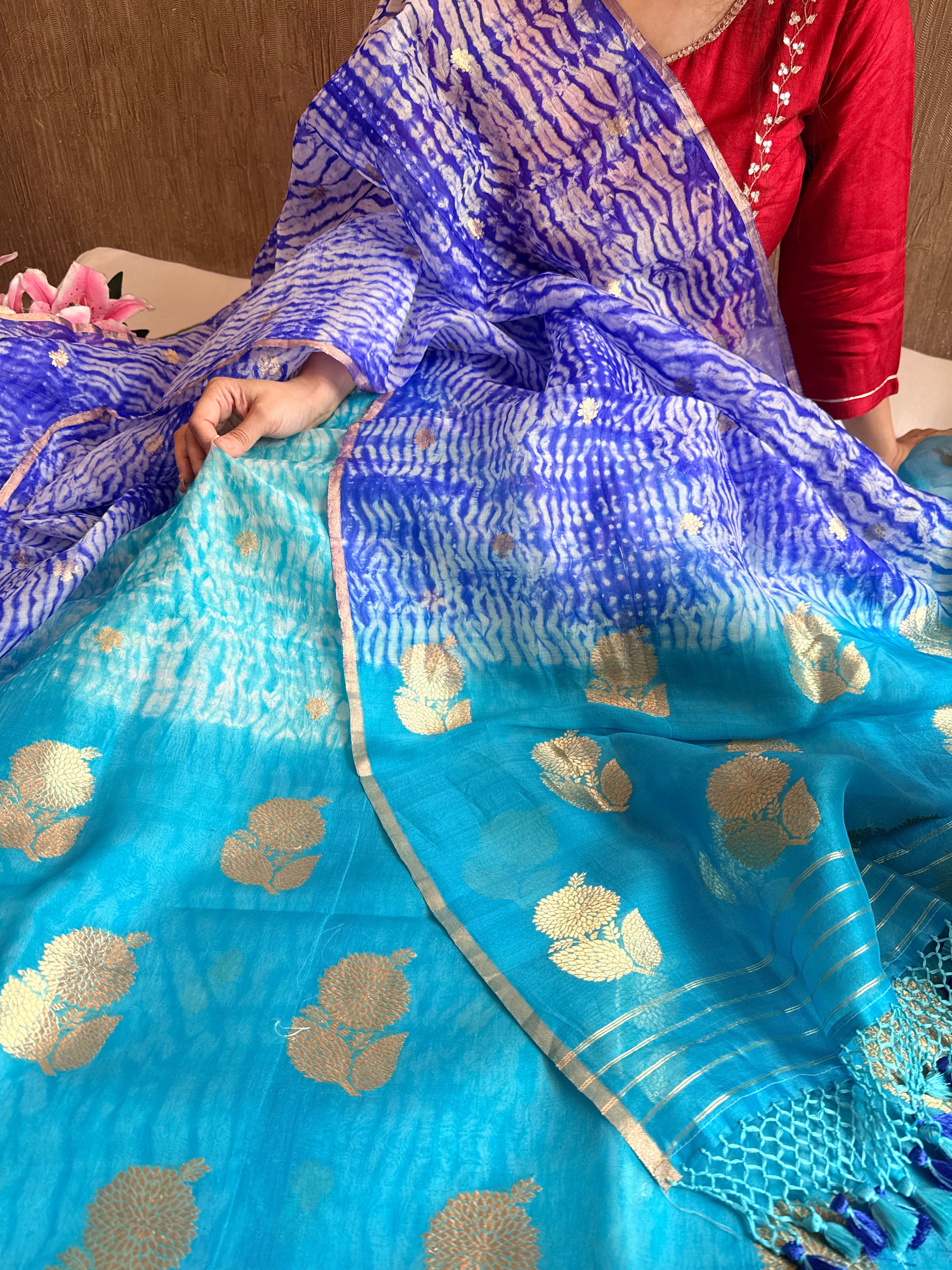 Banarasi kora silk shibori dyed kadhwa buti meenakari suit set