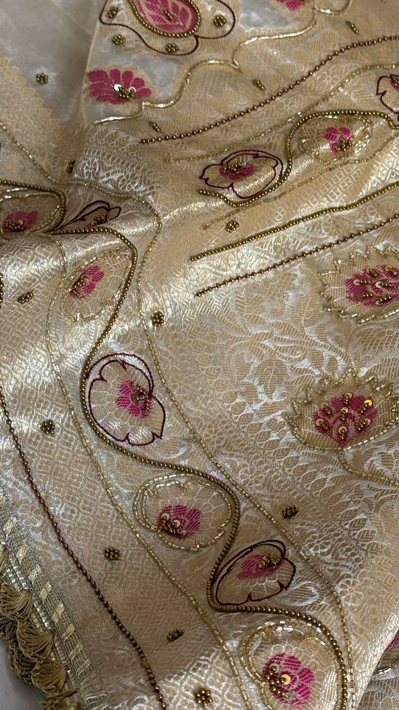 Moonlight silver diamond tissue pink meenakari kadhwa hand embroidered saree