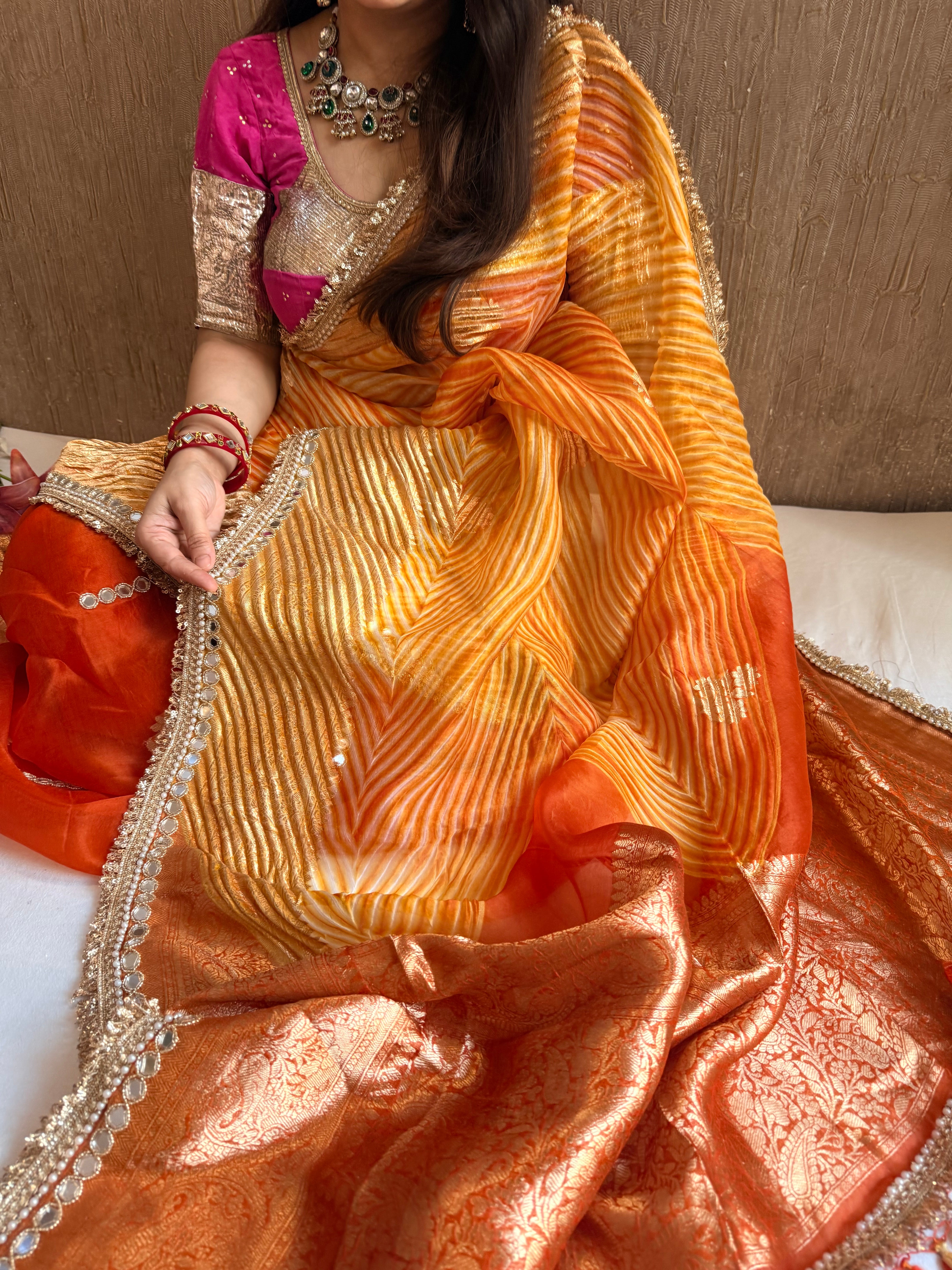 Sunset orange banarasi kora silk mirrorwork arshi dyed kadhwa saree