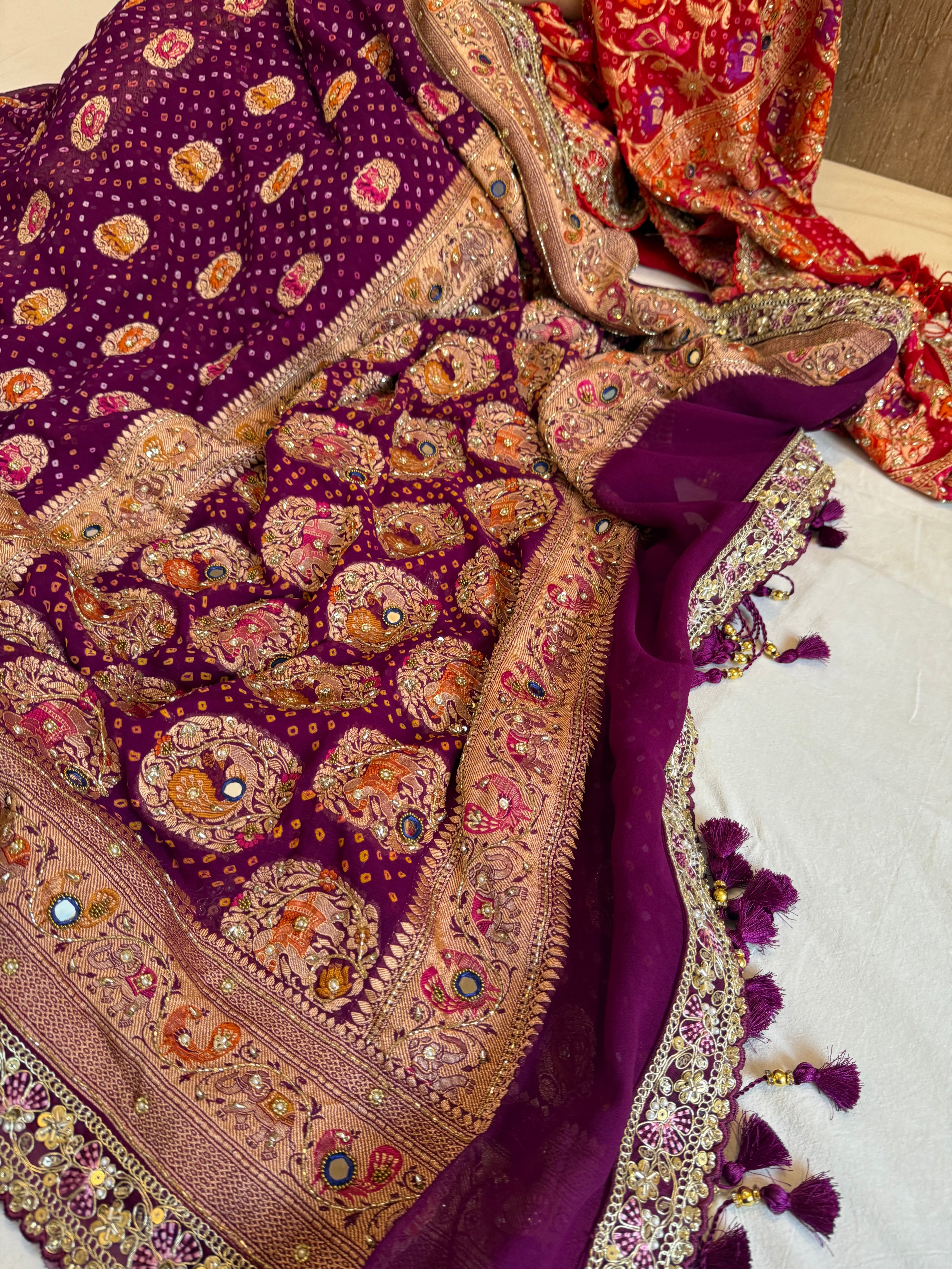 Banarasi rai bandhej gorgette hand embroidered kadhwa saree