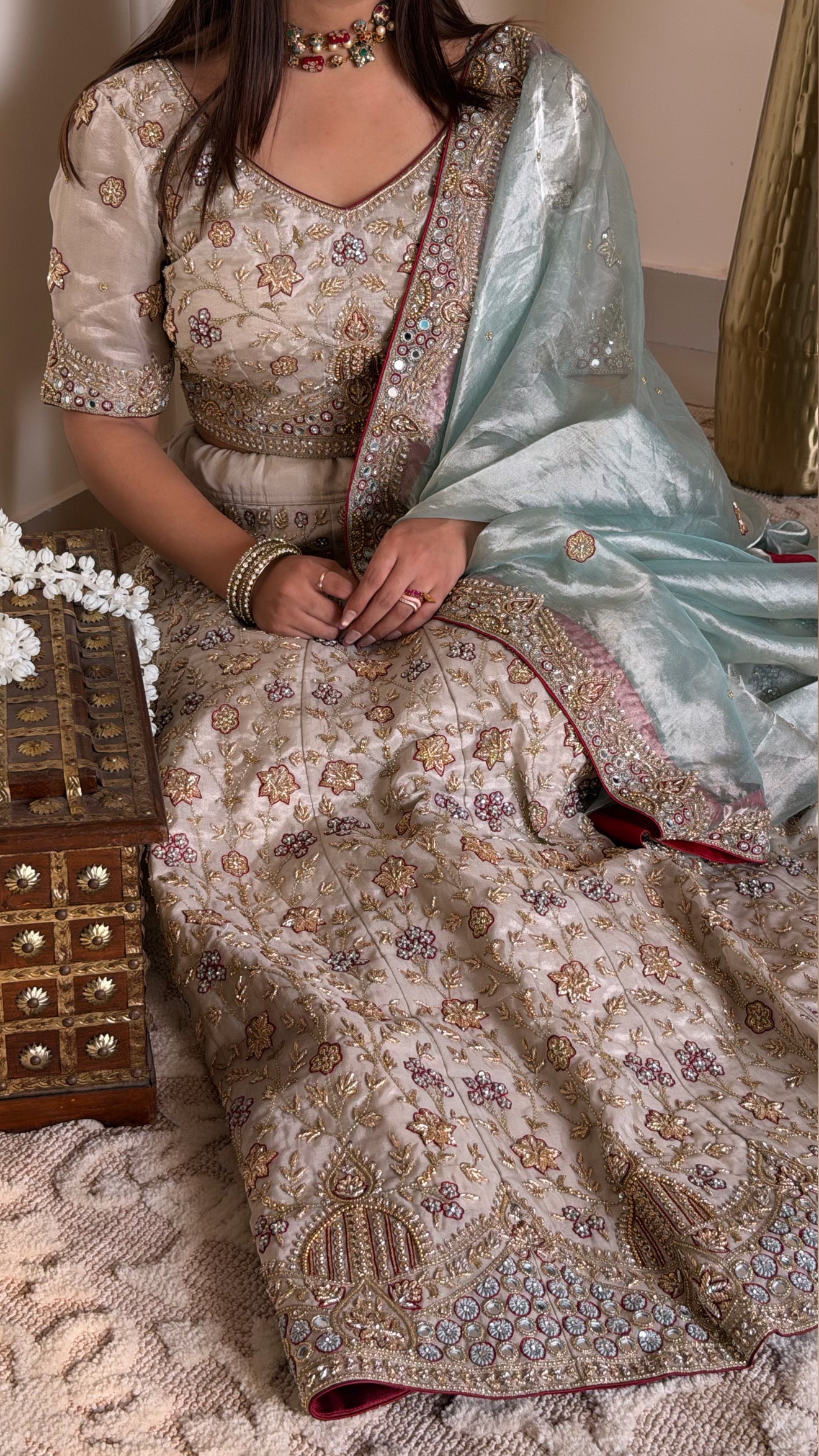 Rajwadi tissue silk mint-red lehenga set