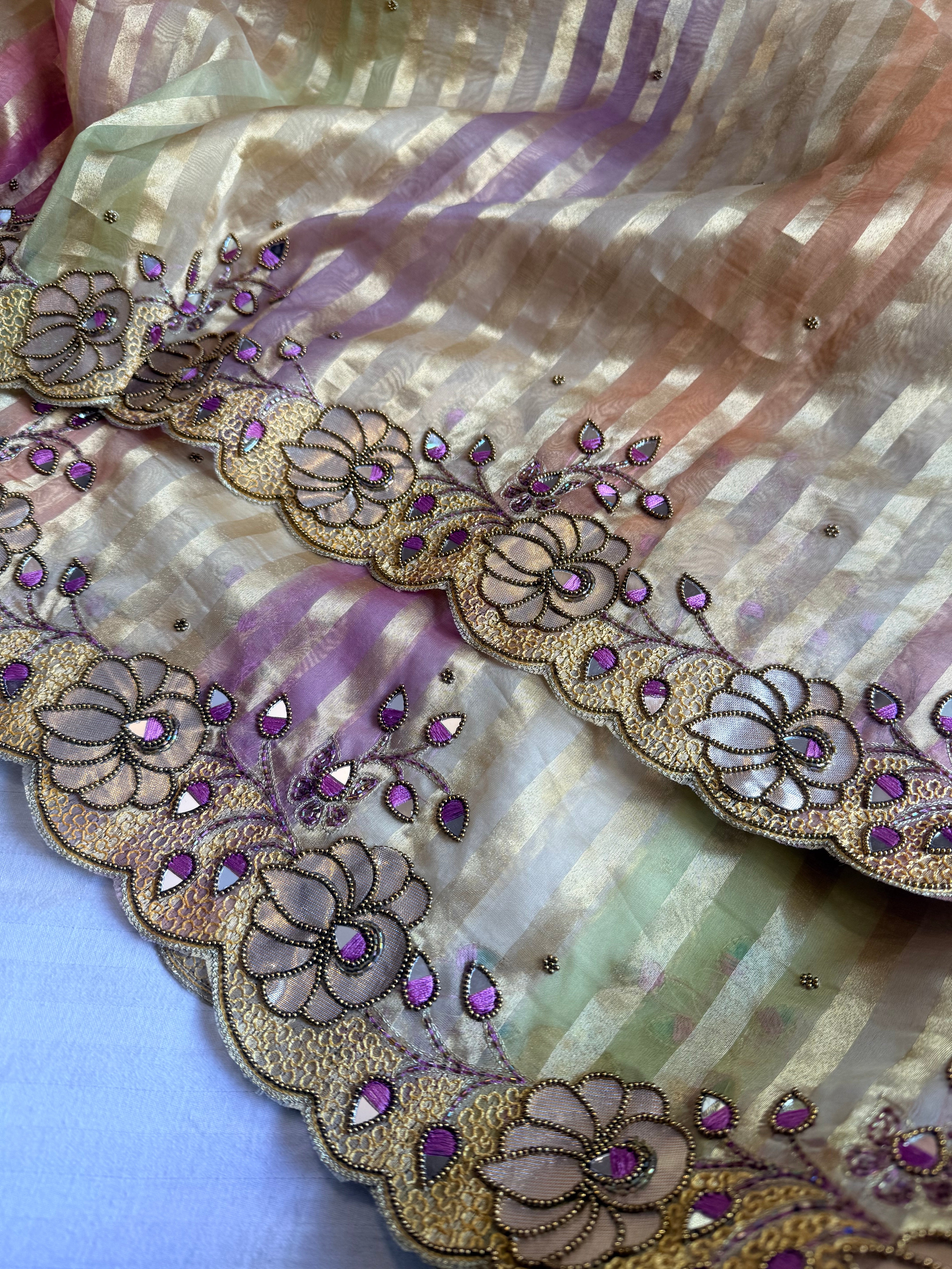 Phool wali rangeen tissue silk striped rangkaat hand embroidered saree