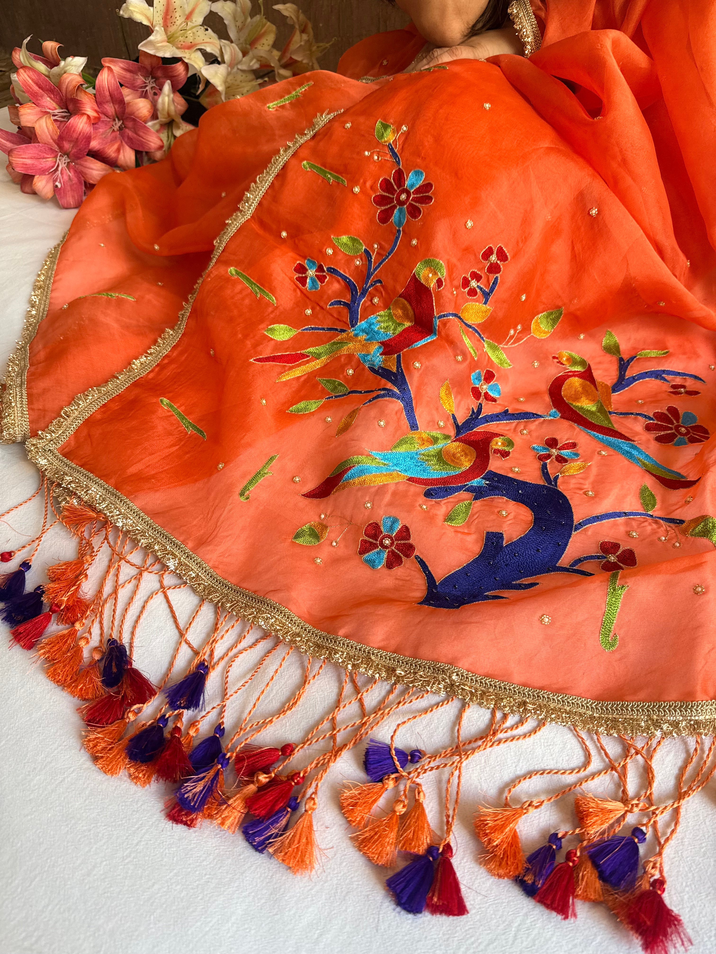 Peach kora silk paithani weaving hand embroidered kadhwa saree