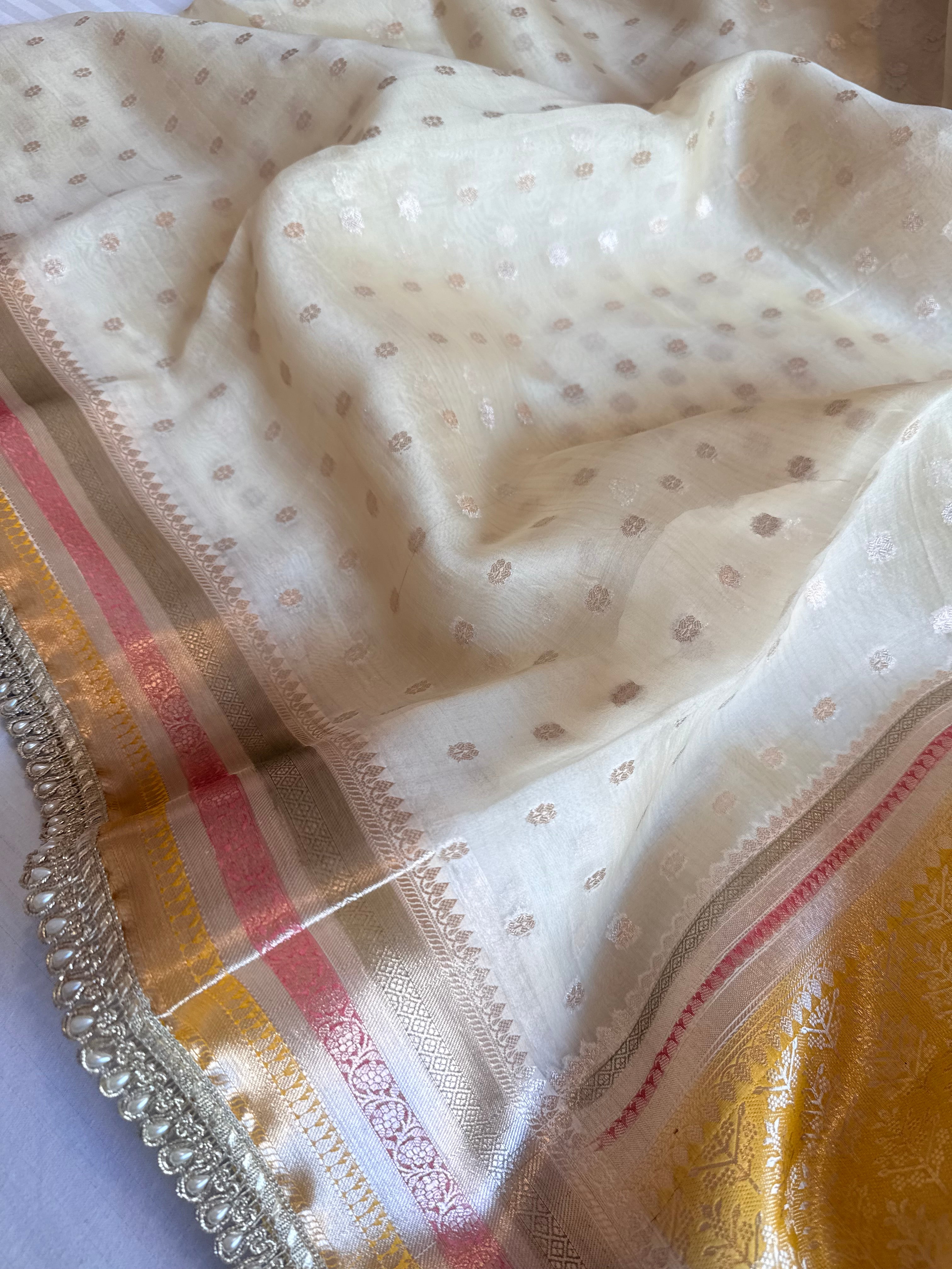 Banarasi kora silk rainbow dyed kadhwa saree with gotapatti work