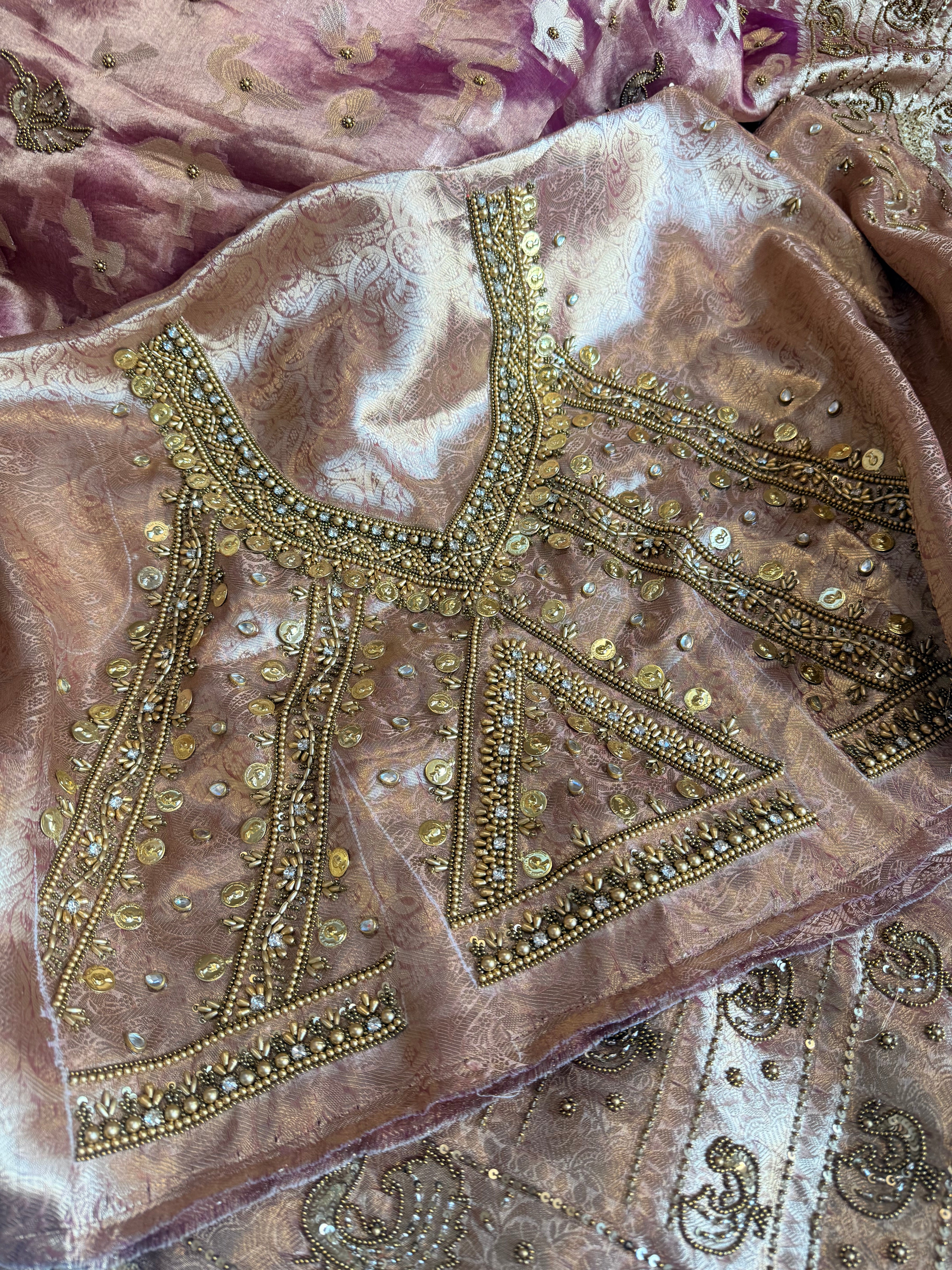 Chiraiya wali saree - Magenta purple tissue silk figure motif weaving and hand embroidered saree