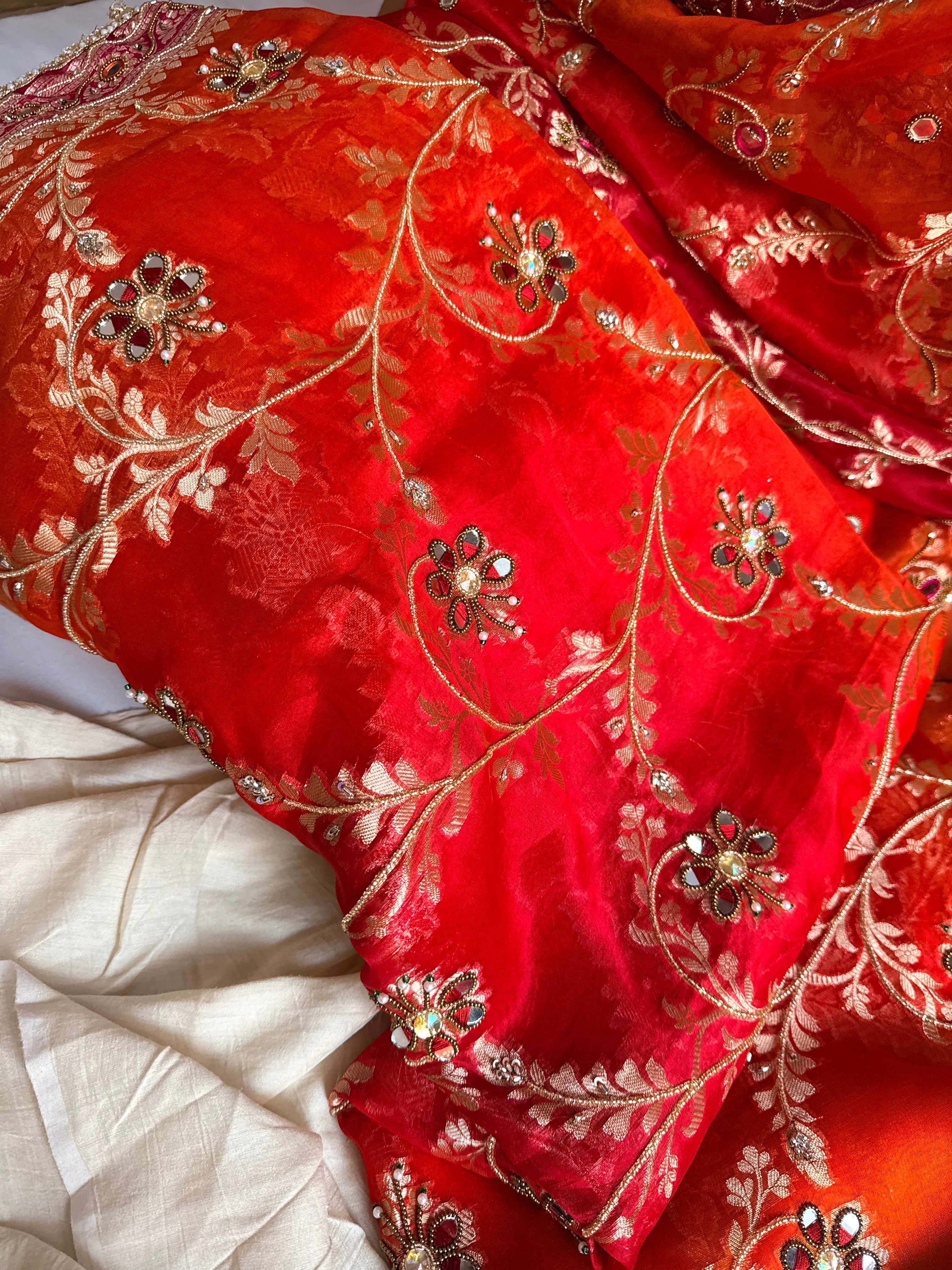 Kumkum edit jaalwork kora silk ombre shaded kadhwa saree