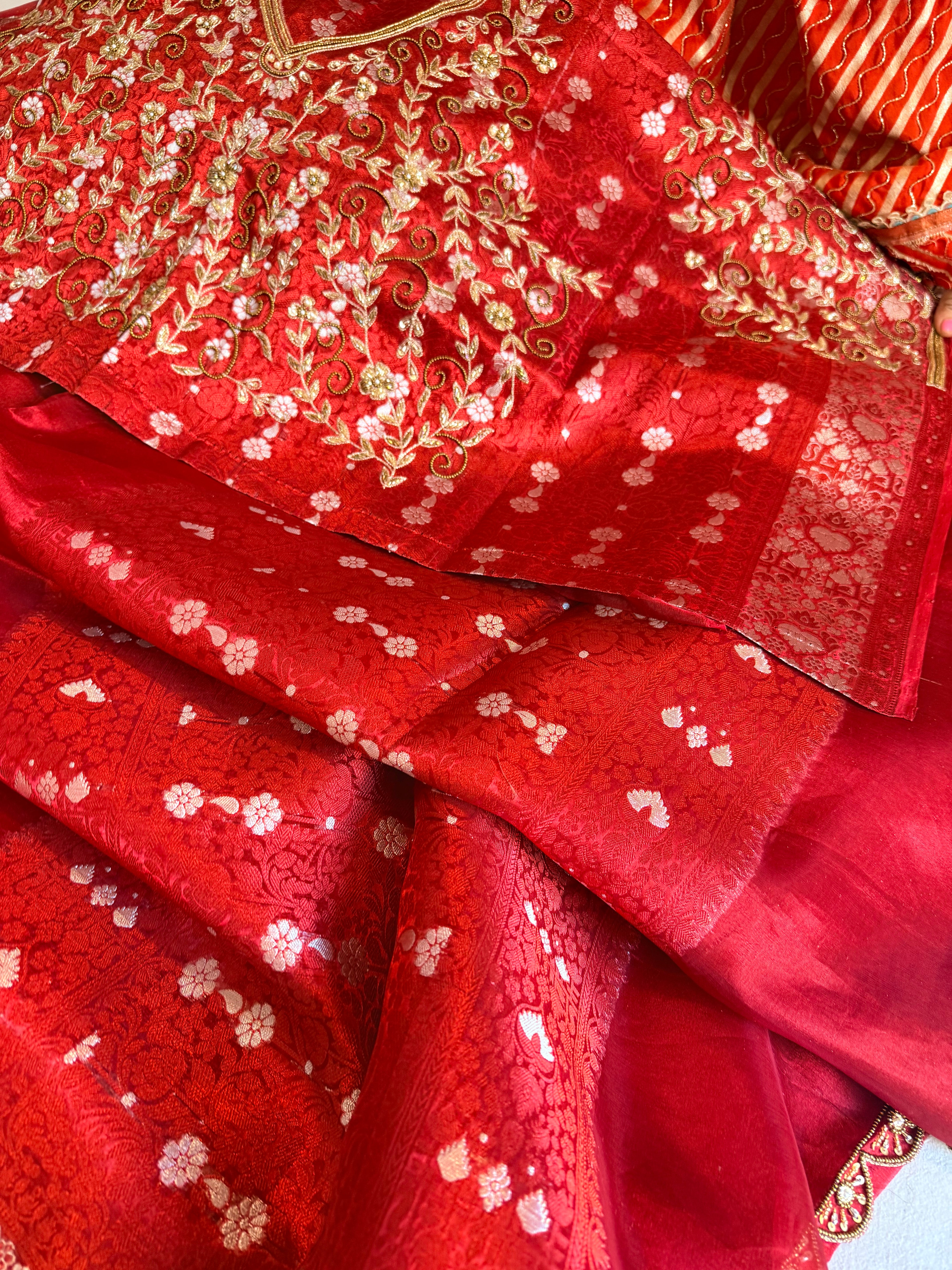 Rose red husn tissue silk hand embroidered kadhwa saree with heavy blouse