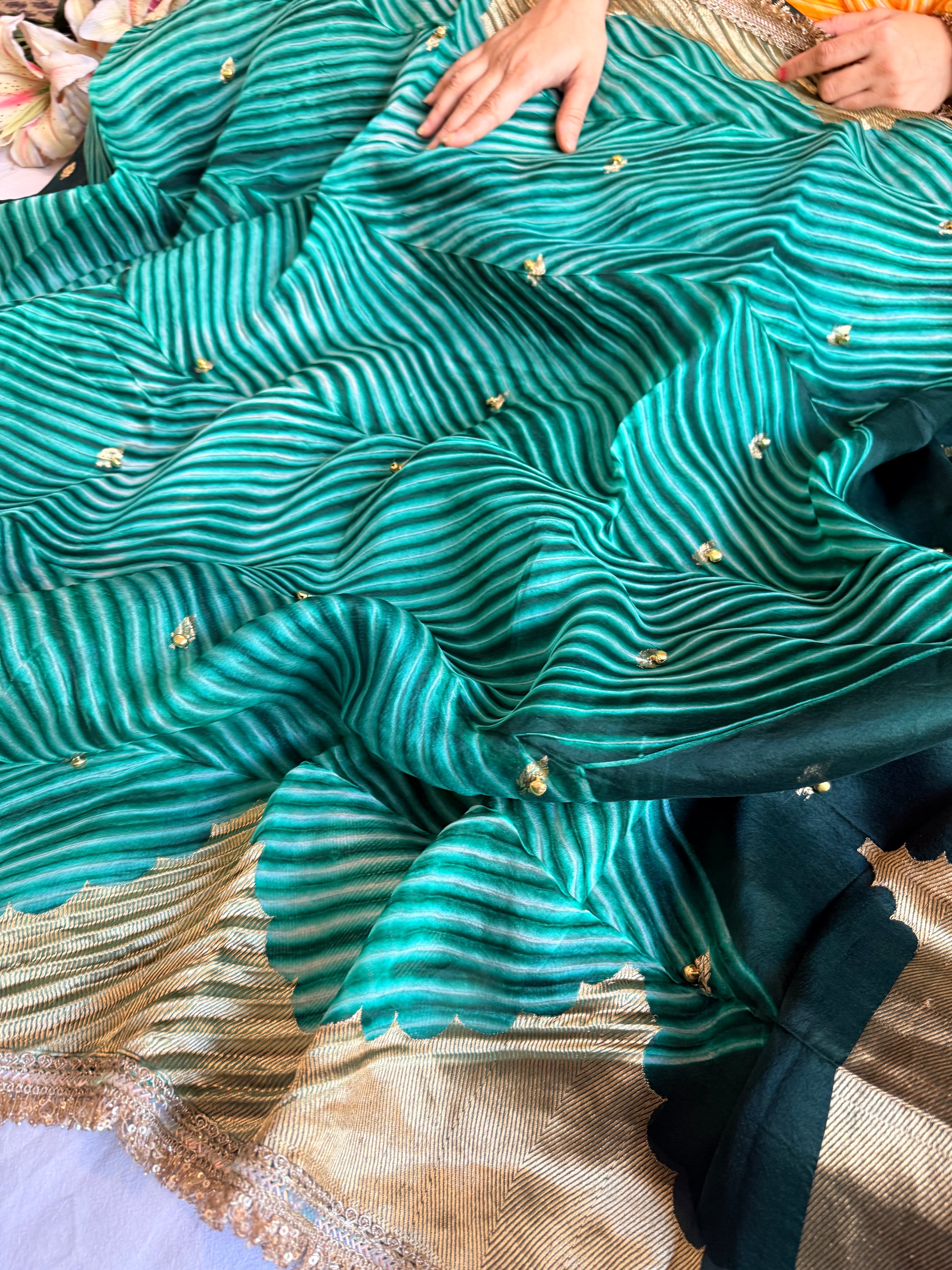 Bottle green banarasi kora silk arshi dyed kadhwa saree