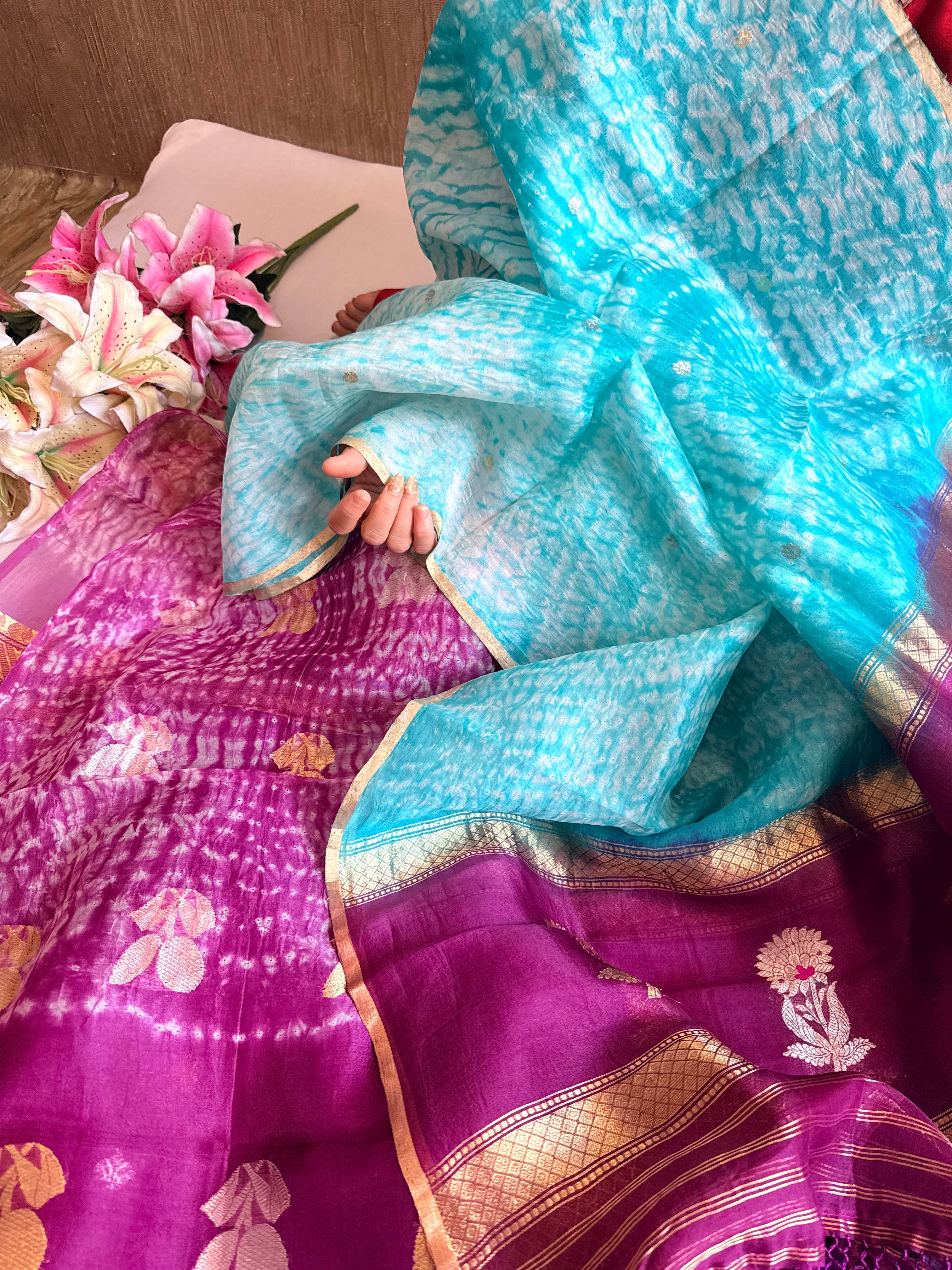 Banarasi kora silk shibori dyed kadhwa buti meenakari suit set