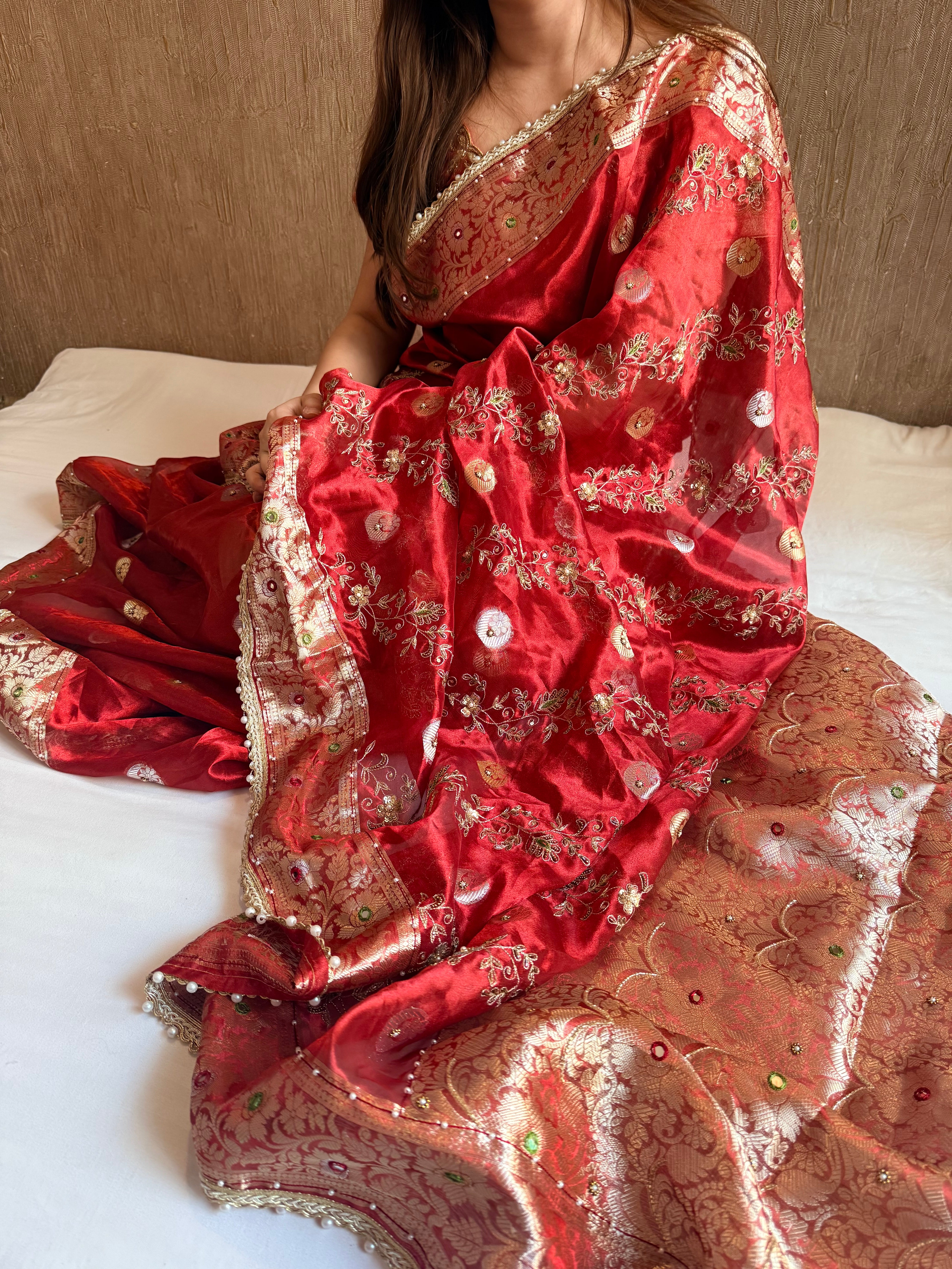 Maharani chand buta kadhwa tissue silk hand embroidered saree duppata set