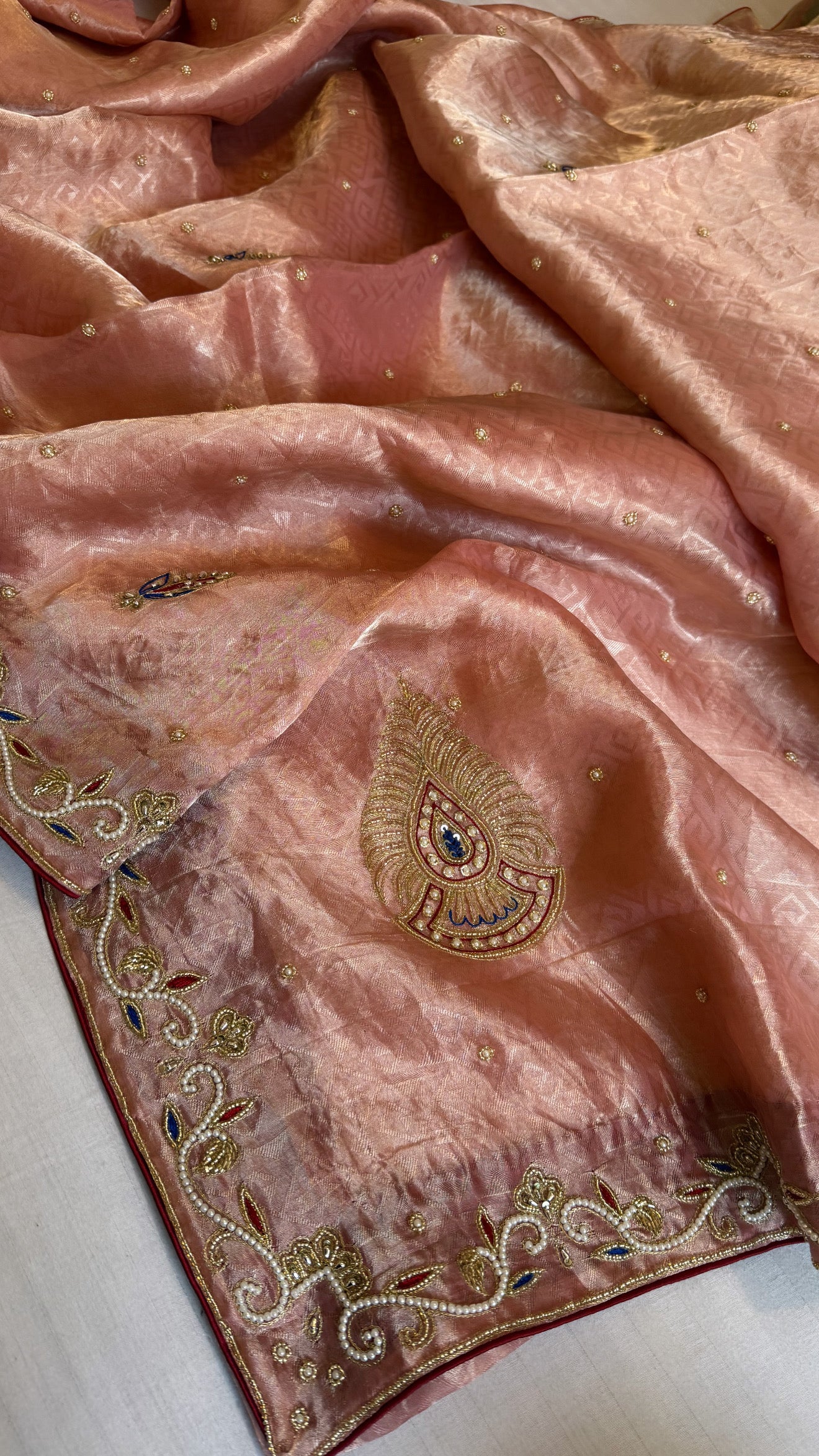 Pakeezah edit 2.0 - Gajri shade zardozi hand embroidered tissue silk kadhwa saree