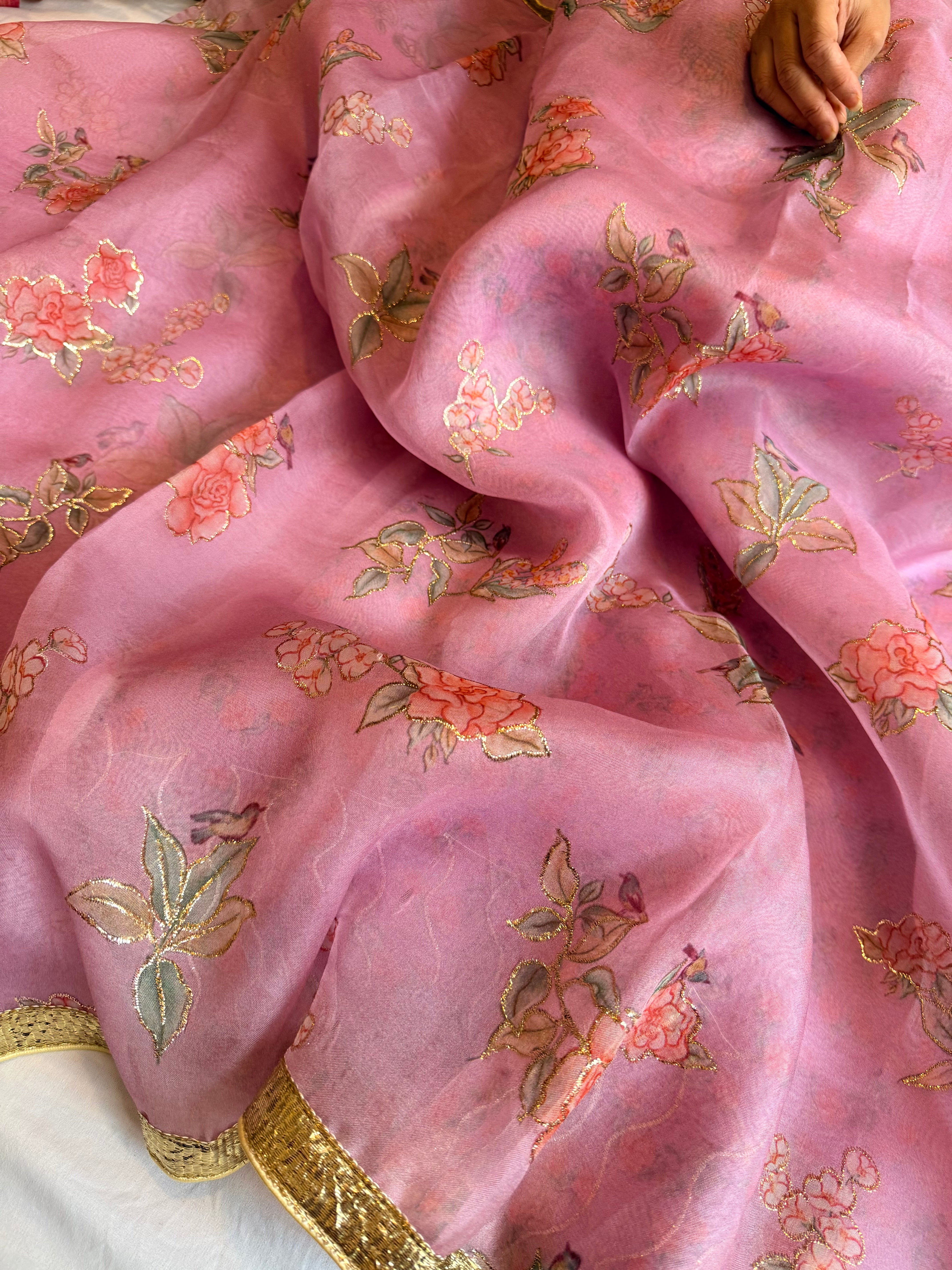 Kora silk printed lampi gotapatti hand embroidered saree