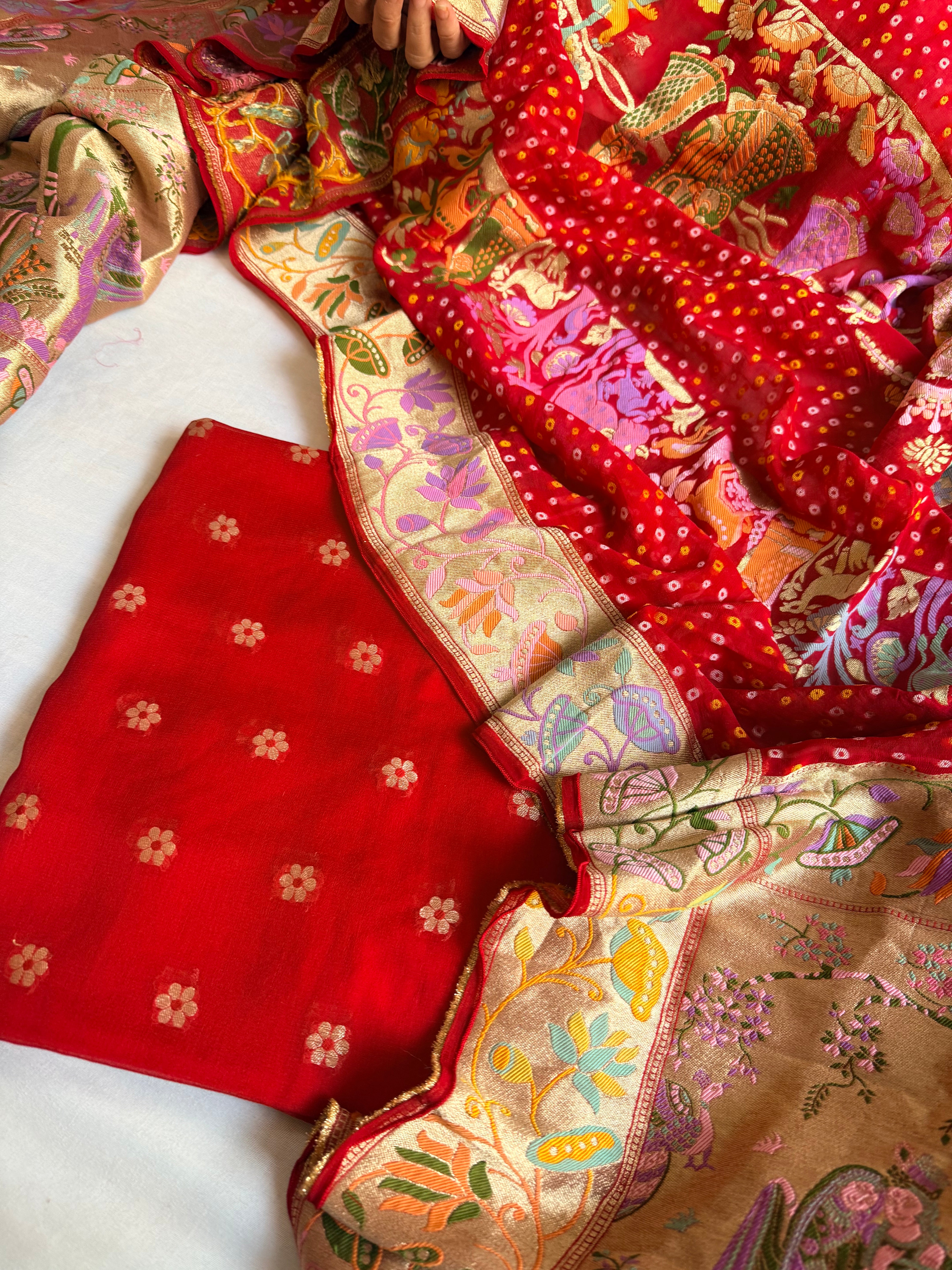 Banarasi rai bandhej radha krishna weaving gorgette kadhwa suit set
